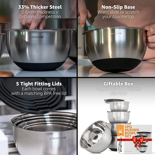 Priority Chef Premium Mixing Bowls with Lids Set, Airtight Lids, Thicker Stainless Steel Mixing Bowl Set, Large Prep Metal Bowls, Nesting Bowls for Kitchen, 1.5/2/3/4/5 Qrt, Black - PuriLite