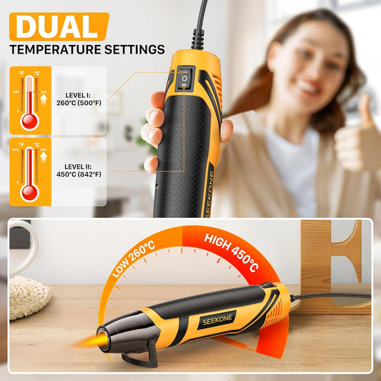 SEEKONE Mini Heat Gun, 350W 2-Temp Settings 260℃& 450℃(500℉ & 842℉) Fast Heat Hot Air Gun Tool with Reflector Nozzle and 4.9Ft Long Cable Overheat Protection for Crafting, Vinyl Wrap and Shrink Tubing