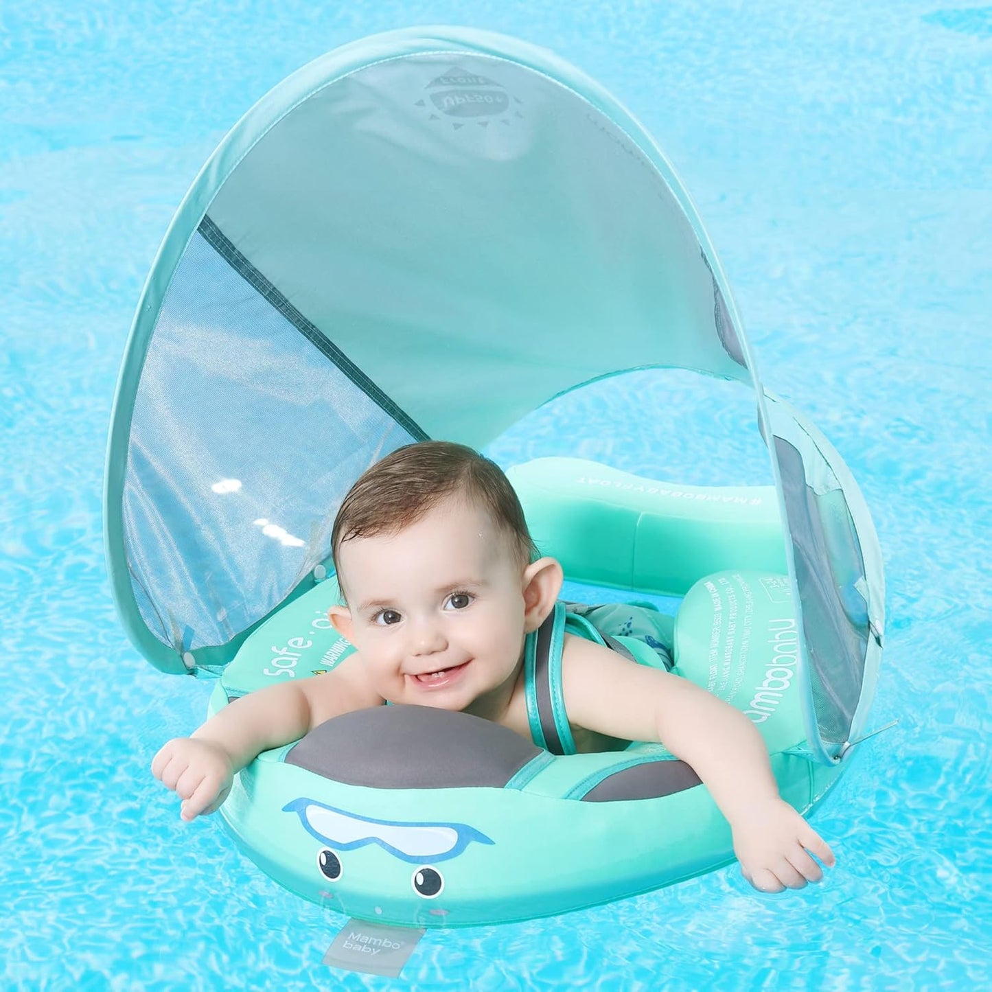 Mambobaby Baby Swim Float with Canopy, Non-Inflatable Solid Baby Float, Upgrade Soft Skin-Friendly Material Infant Swim Float