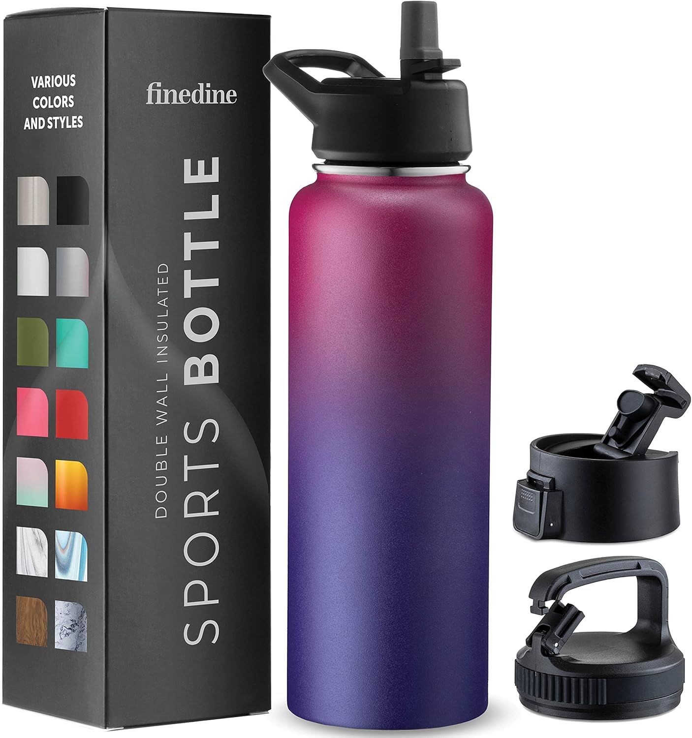 FineDine Water Bottle - Stainless Steel Insulated Water Bottle with Straw Lid, Flip Lid & Wide-Mouth Cap - Keeps Hot and Cold - 25 Oz / 739ml - Pure Pearly White