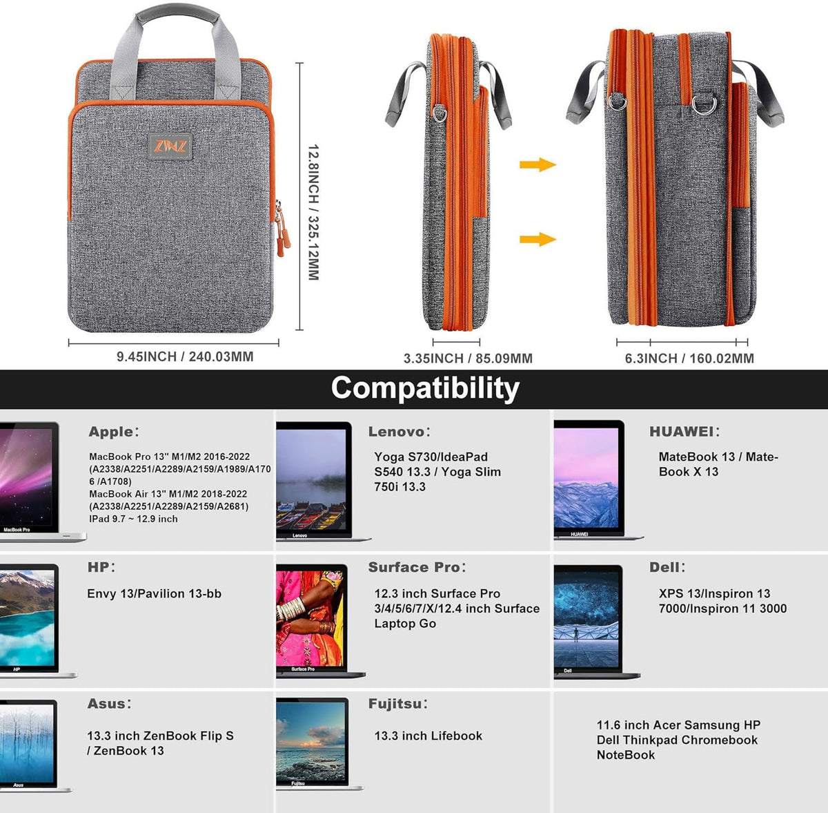 ZINZ Slim & Expandable Case 12.9 13 inch Travel Laptop Shoulder Bag for MacBook Air 13" M3/M2/M1, MacBook Pro 13" M2/M1, iPad Pro 12.9"/13"/11", iPad Air 13",L01G03 - PuriLite