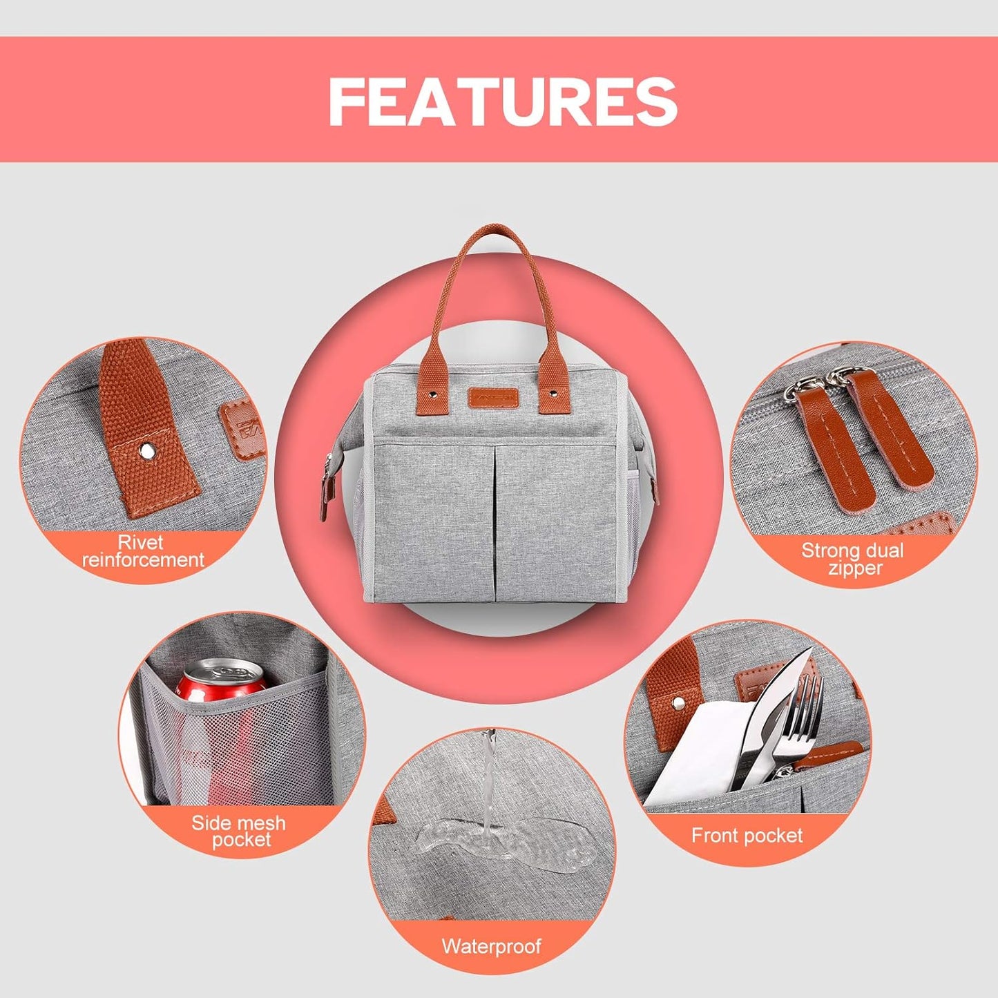 Lunch Bag for Women & Men, Insulated Lunch Box Cooler Tote Bags, Adult Reusable Lunch Boxes with Water Resistant for Work, Travel and Picnic (Grey)