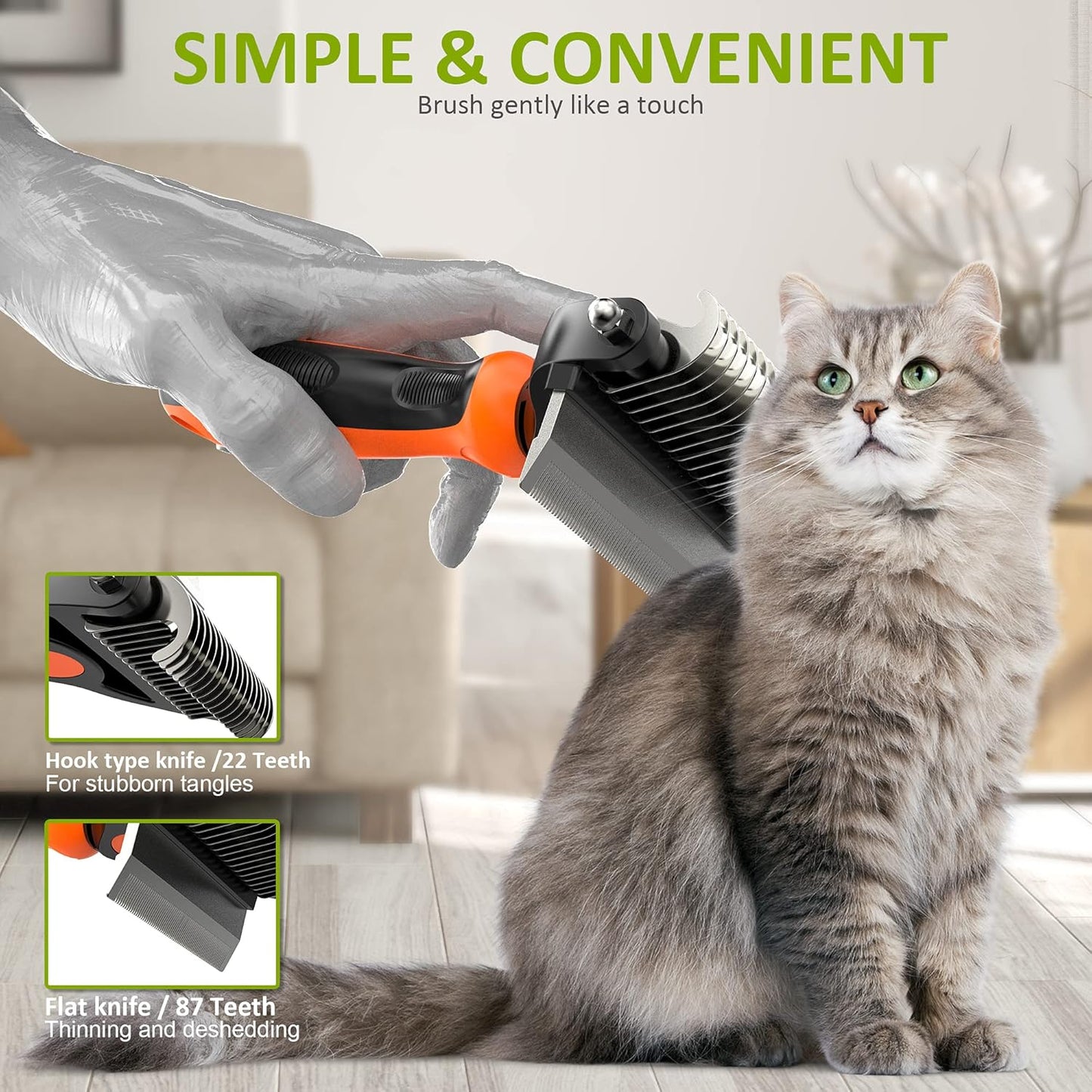 Spring Blossoms-2 in 1 Professional Grooming Rake for Cats & Dogs-Dematting Comb for Easy Mats & Tangles Removing,Pet Brush Safe No More Nasty Shedding and Flying Hair (Orange) - PuriLite