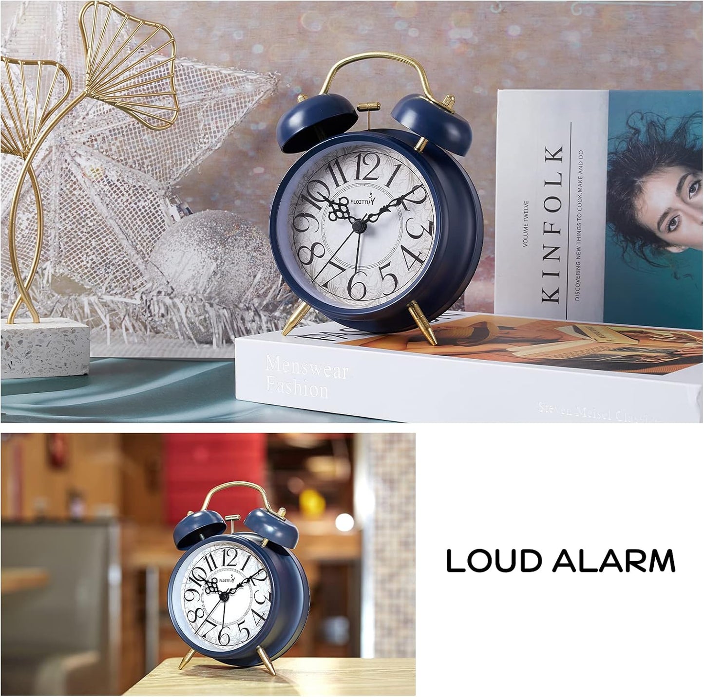 FLOITTUY Loud Alarm for Deep Sleepers 4'' Retro Twin Bell Alarm Clock with Backlight for Bedroom and Home Decoration(Retro White)