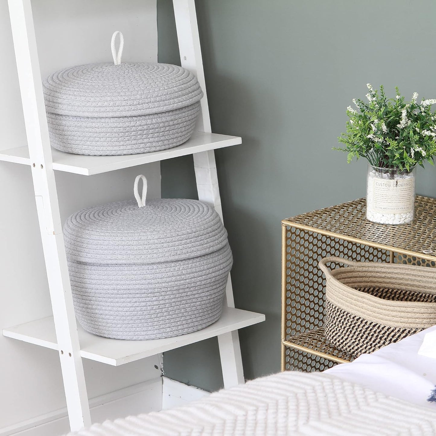 Sea Team Round Cotton Rope Storage Basket with Lid, Decorative Woven Storage Bin, Pot, Caddy, Organizer, Container for Snacks, Towels, Plants (Grey, Small)