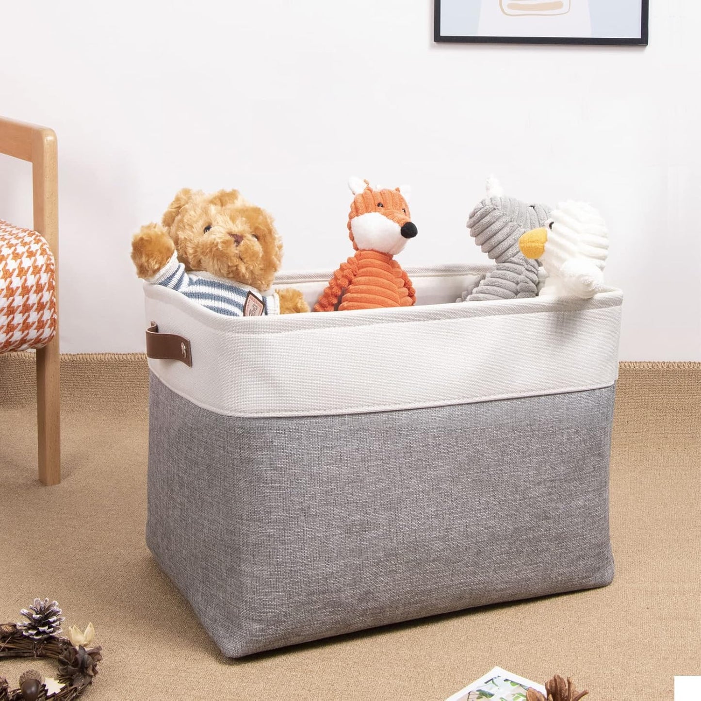 DULLEMELO Storage Baskets for Shelves, Fabric Collapsible Rectangular Storage Bins for Shelves, Closets, Nursery, Home, Office, Empty Gift Baskets (White&Teal)