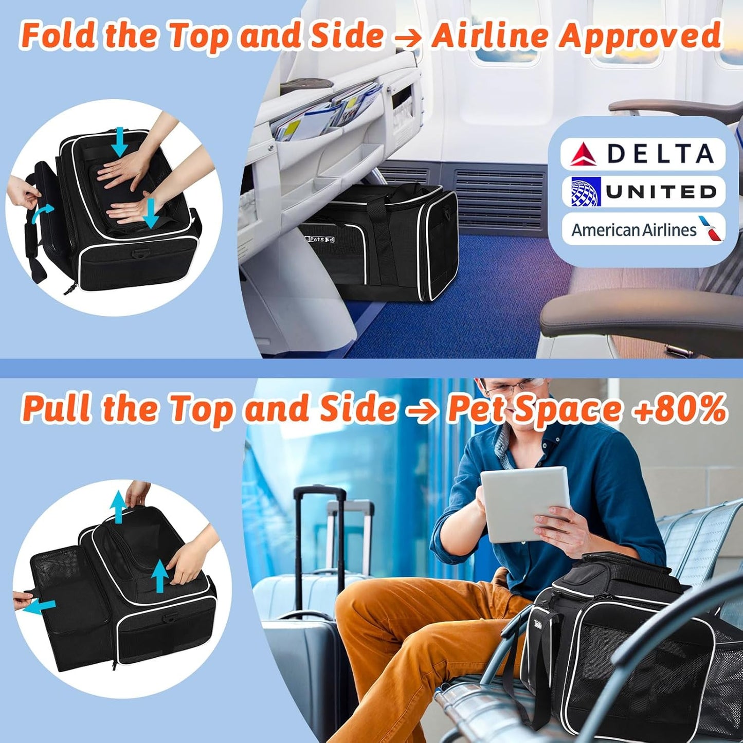 Petskd Top and Side Expandable Pet Carrier 17x12x8.5 Inches JetBlue Frontier Spirit Airline Approved, Soft-Sided Carrier for Small Cats and Dogs with Locking Safety Zipper and Anti-Scratch Mesh(Black)