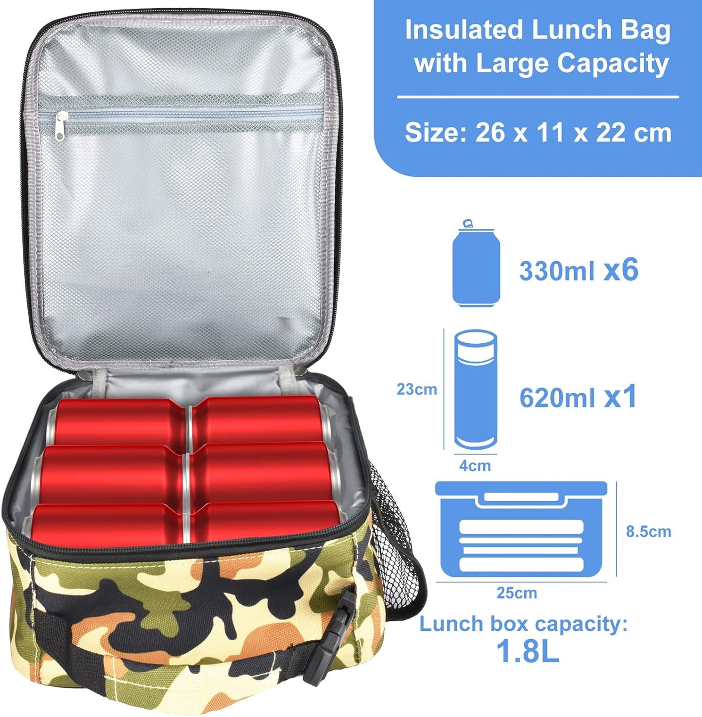 Insulated Lunch Bag, Leakproof Portable Lunch Box for Women Men Boys Girls, Large Capacity Cooler Bag with Handle and Bottle Pocket for Office School Camping Hiking Outdoor Beach Picnic (Black)