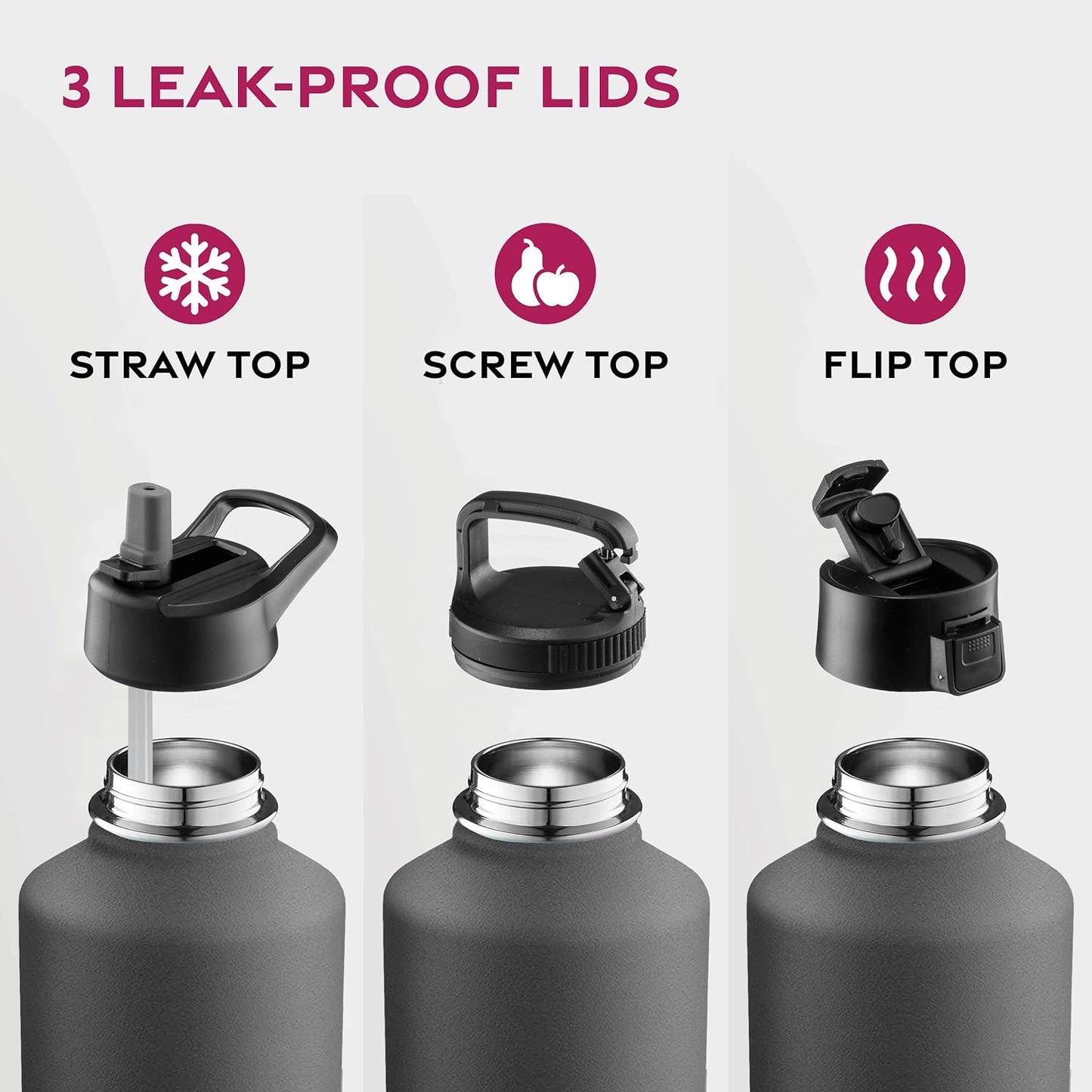 FineDine Water Bottle - Stainless Steel Insulated Water Bottle with Straw Lid, Flip Lid & Wide-Mouth Cap - Keeps Hot and Cold - 25 Oz / 739ml - Pure Pearly White