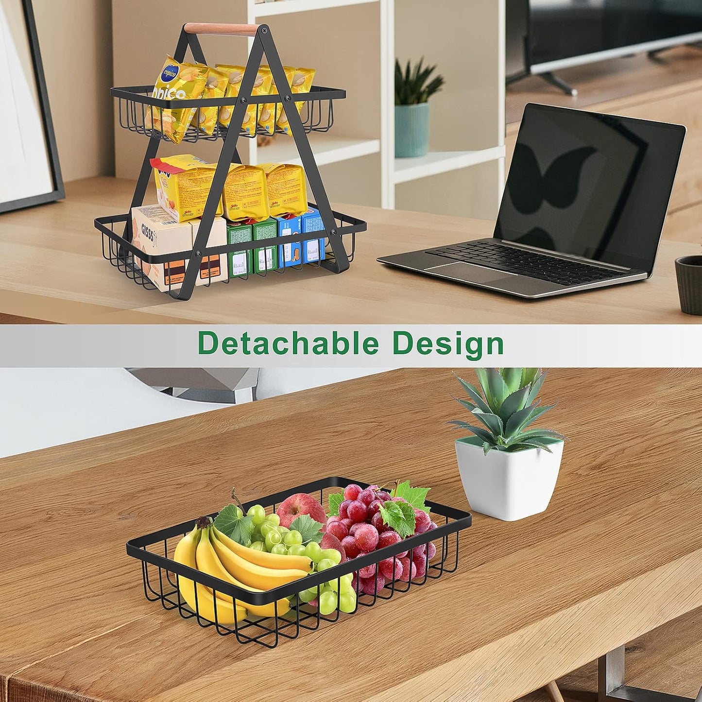 2 Tier Countertop Fruit Basket,Portable Fruit Bowle Basket for Kitchen Organizer Storage & Dining Room Fruits Vegetable Bread Snacks,MAHUEEOL Detachable Metal Rectangle Basket Storage