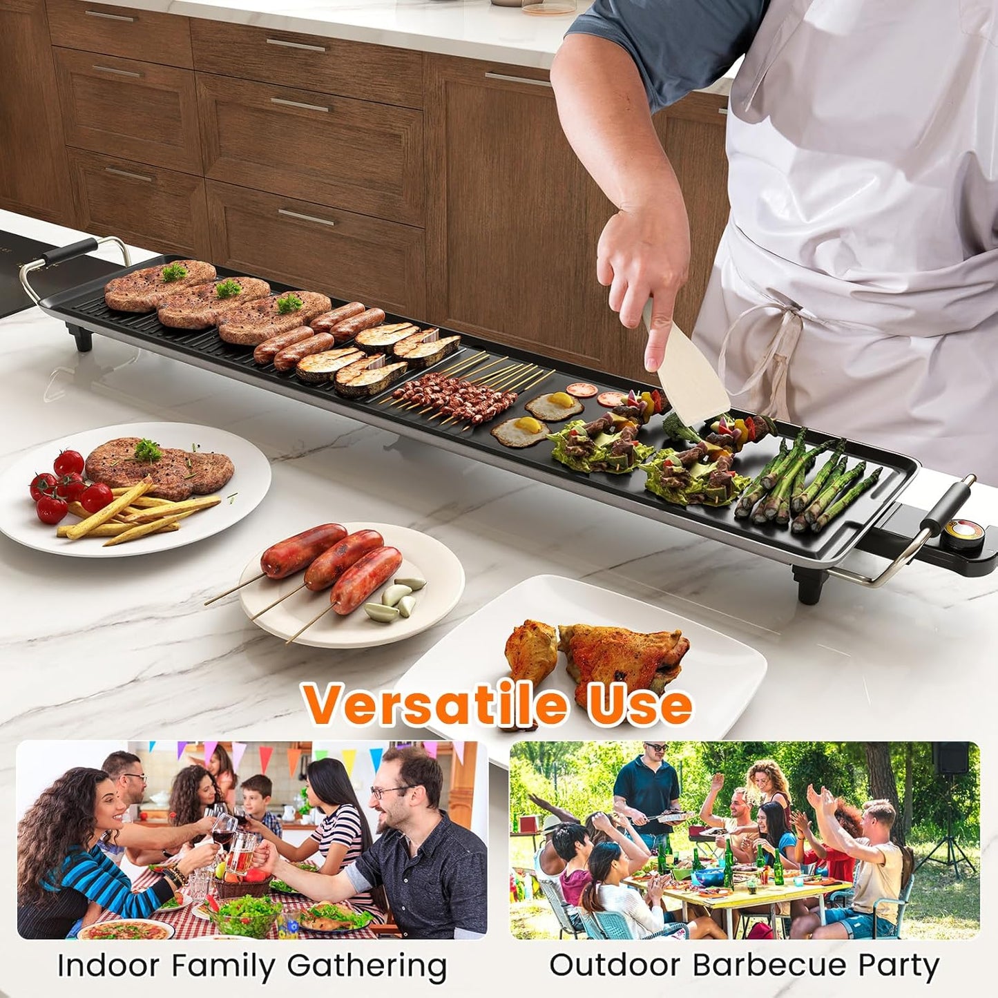 DORTALA 39.5" Electric Griddle, Portable Teppanyaki Grill for 10-12 Person with 2 Cooking Surface, Thermostat Control, Insulated Handles & Drip Tray, Indoor Outdoor BBQ Grill for Party, Camping & RV