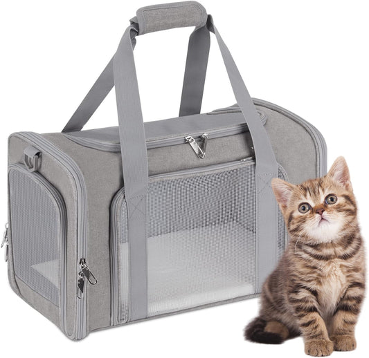 ORYEDA Cat Carrier Bag, Dog Travel Carriers, Airline Approved Soft-Sided Pet Carrier for Small Medium Cats and Small Dogs, Portable Carrier with 4 Open Doors and 3 Mesh Windows, Grey, Collapsible