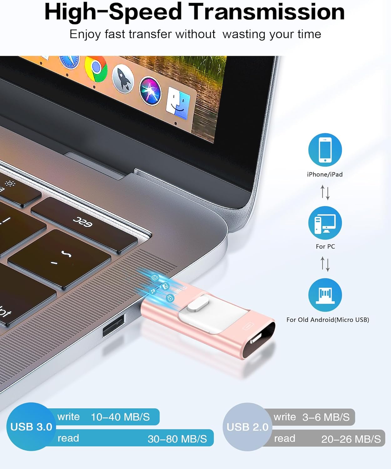 256GB Flash Drive for iPhone Photo Stick, Thumb Drive USB Stick High Speed Transfer USB Drives External Picture Video Storage Memory Expansion for iPhone/iPad/PC (Blue)