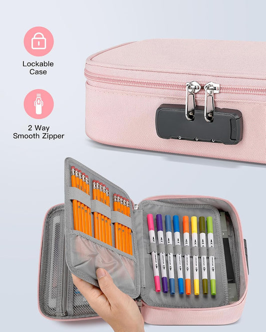 Zannaki Large Capacity Pencil Pouch Case with Lock, Pen Marker Stationery Bag Art Supply Storage Organizer Box for Bullet Journal Middle High School College Student Teen Girl Boy Women Adult, Pink