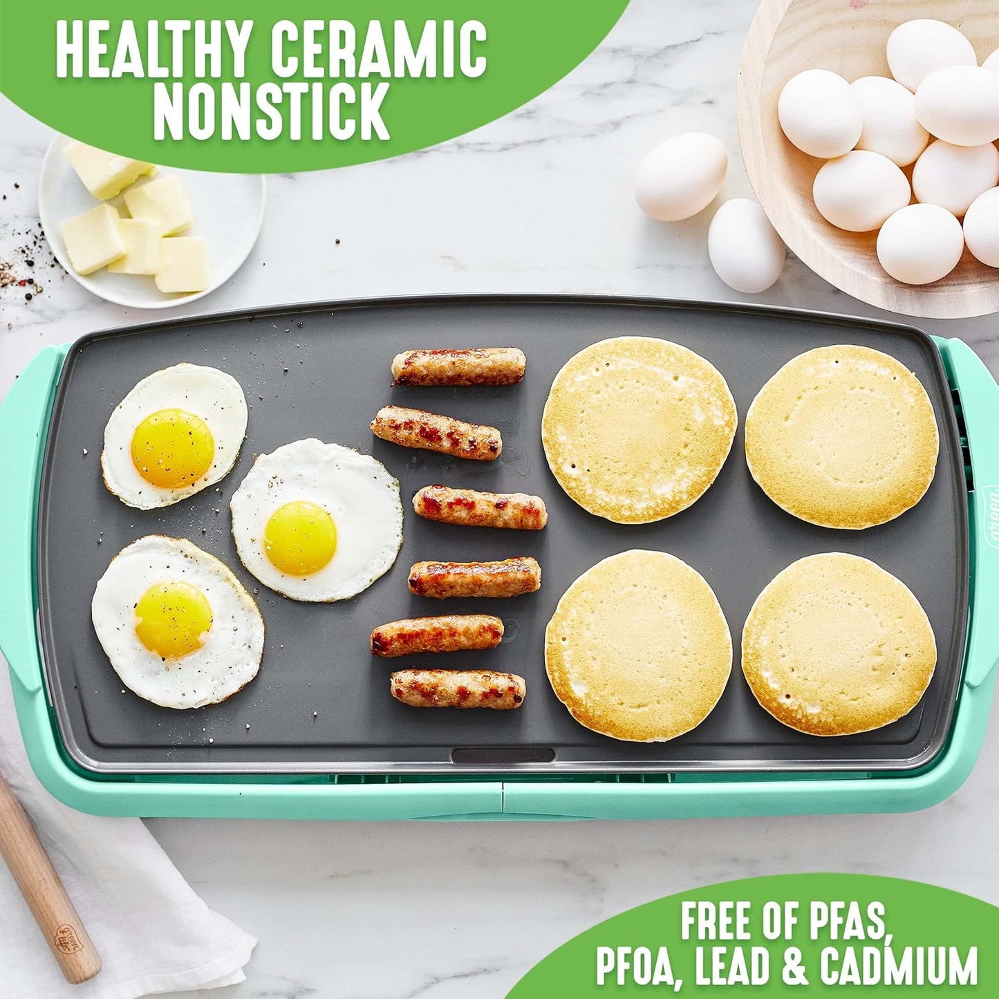 GreenLife Healthy Ceramic Nonstick, Extra Large 20" Electric Griddle for Pancakes Eggs Burgers and More, Stay Cool Handles, Removable Drip Tray, Adjustable Temperature Control, PFAS-Free, Soft Pink