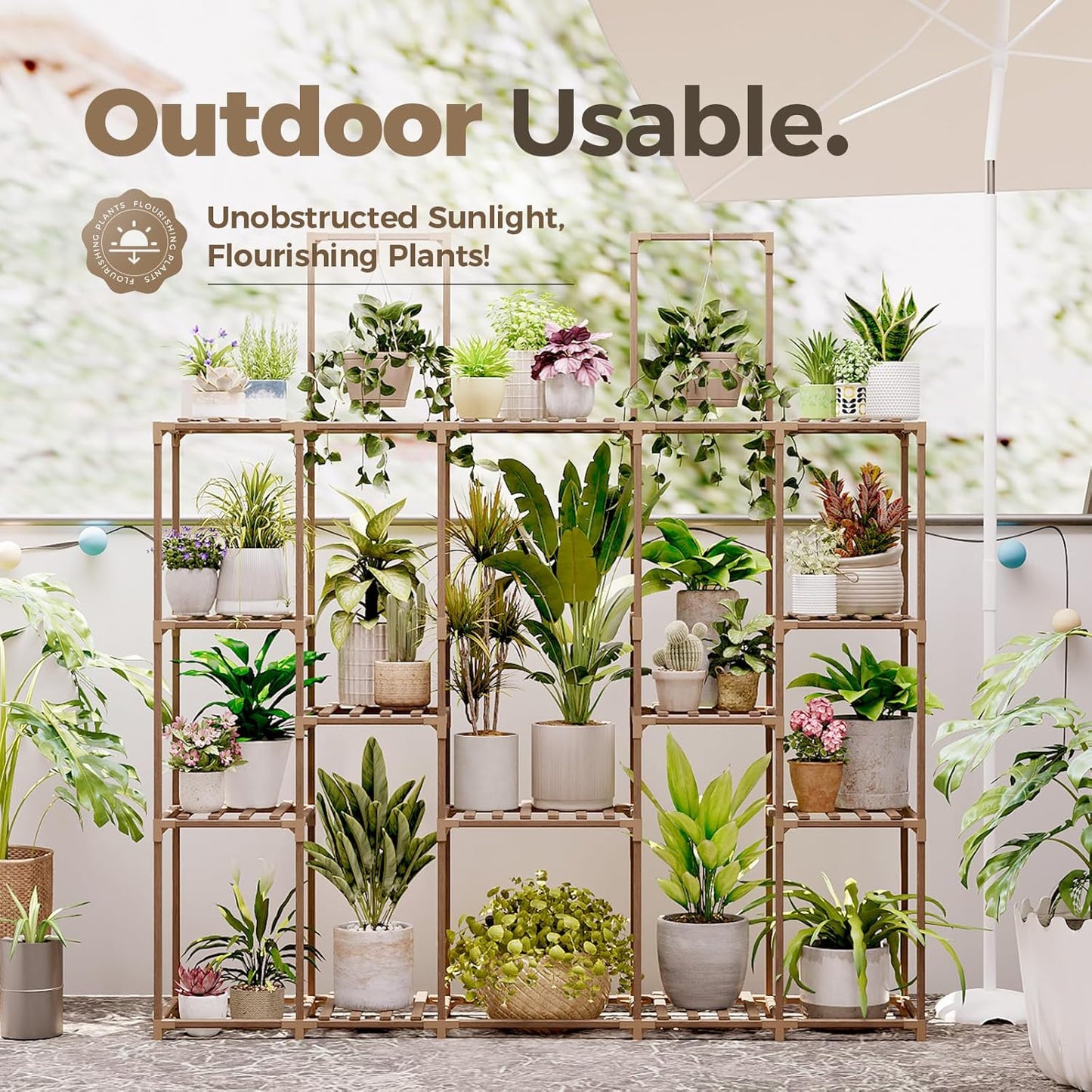 Bamworld Plant Stand Indoor Outdoor Hanging Plant Shelf for Multiple Plants Pots Wood Flower Stand Tall Large Flower Holder for Living Room, Patio, Balcony, Garden Decor, Brown