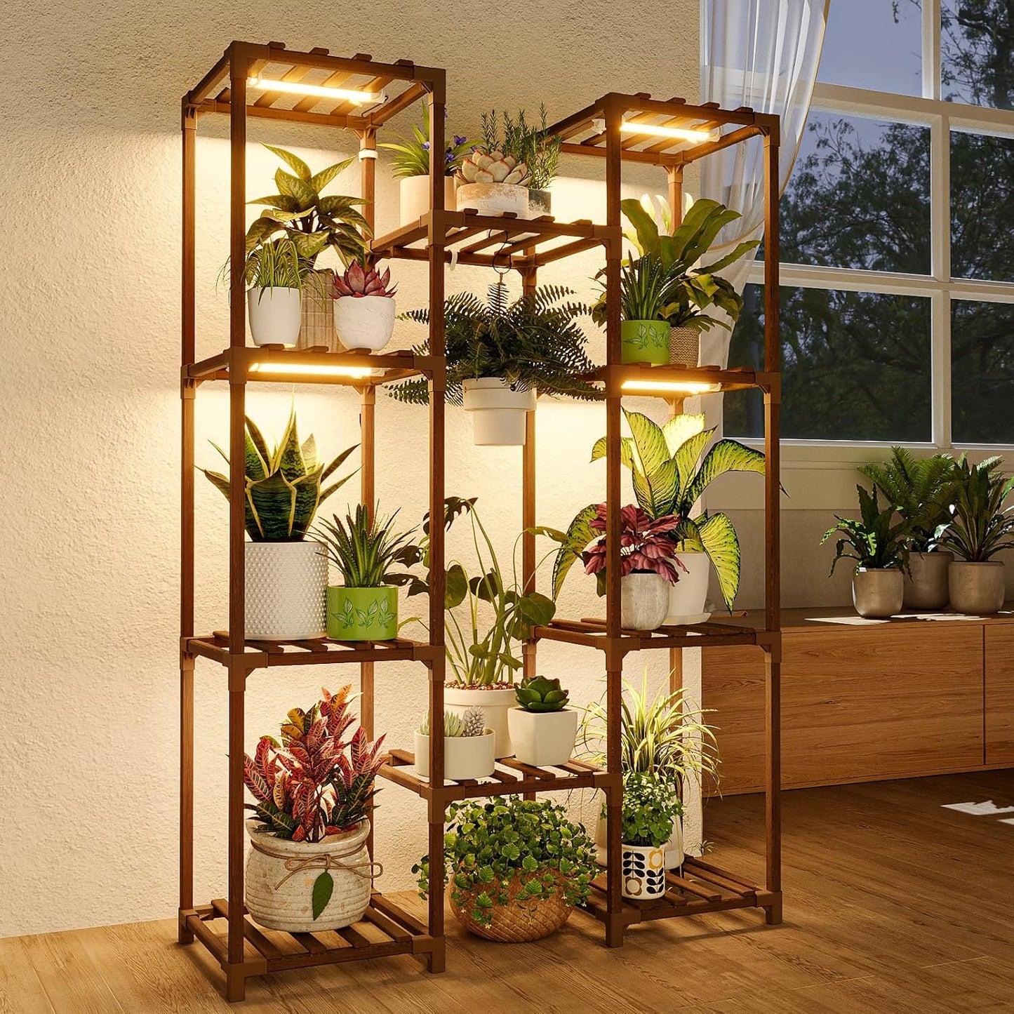 Bamworld Plant Stand Indoor Outdoor Hanging Plant Shelf for Multiple Plants Pots Wood Flower Stand Tall Large Flower Holder for Living Room, Patio, Balcony, Garden Decor, Brown