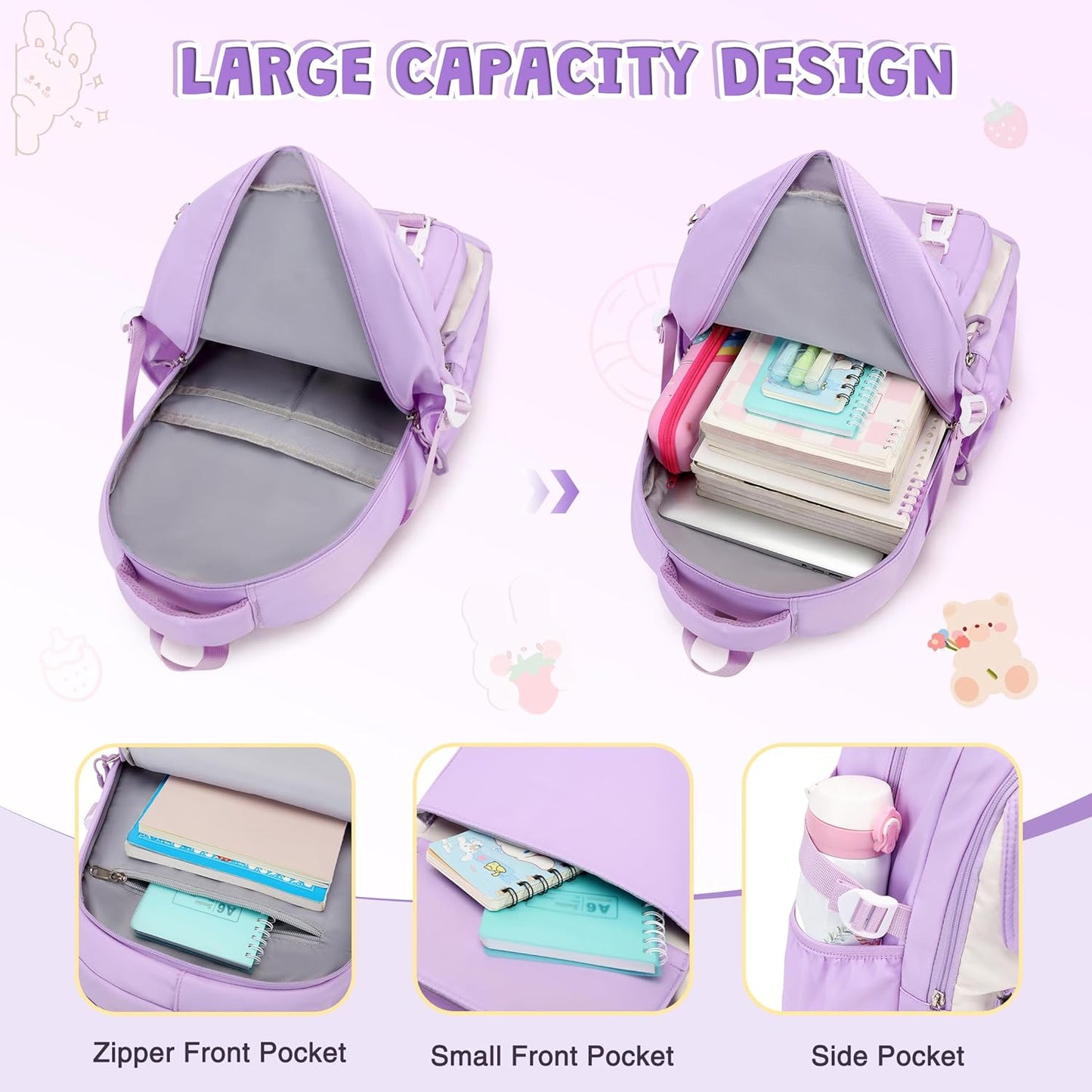 DIGOBAY Girls Backpack, School Backpack for Girls with Lunch Box Pencil Case Set for Teen Kids Girl Elementary Primary Middle High College School Bookbag with Cute Pins Pink