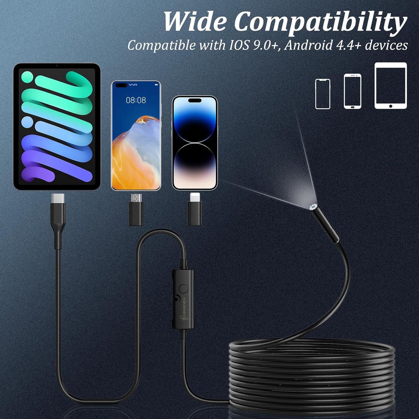 Endoscope Camera with Light, Ennovor 1920P HD, Endoscope Inspection with 8 Adjustable LED Lights, Borescope with Flexible Rigid Snake Camera, IP67 Waterproof and No WiFi Required, for Android iOS