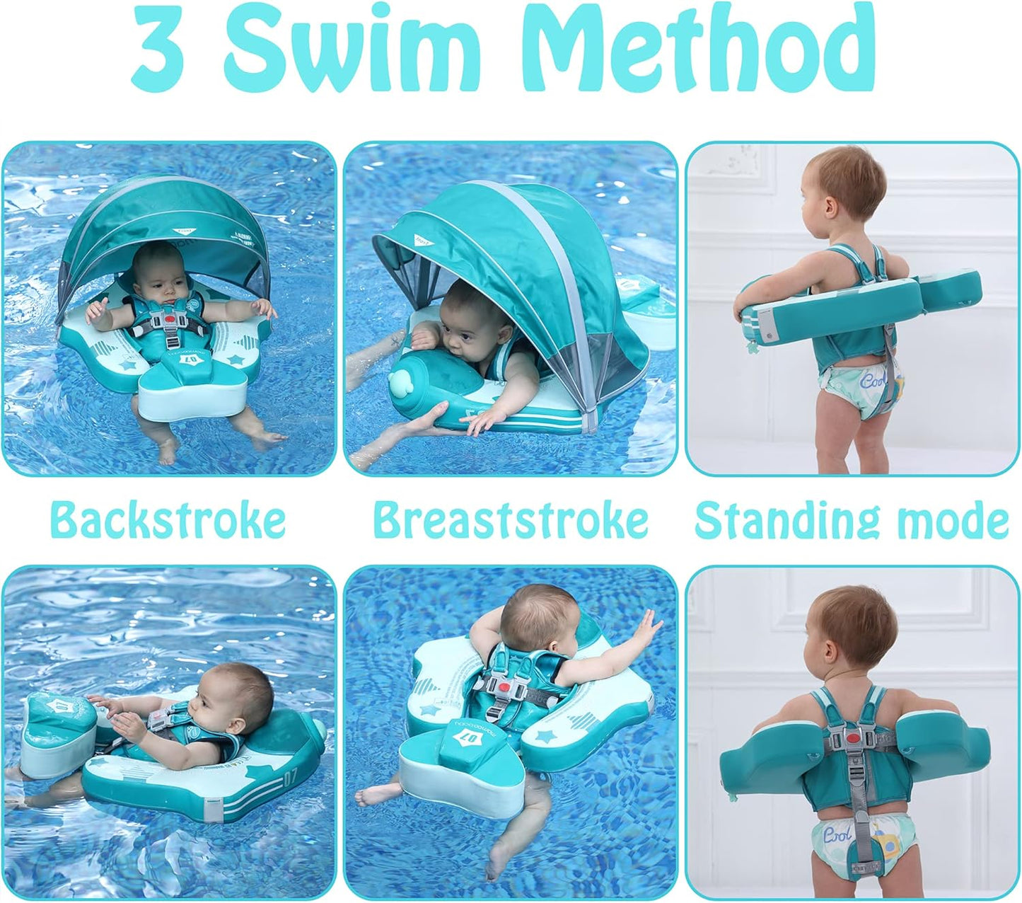 Mambobaby Baby Swim Float with Canopy, Non-Inflatable Solid Baby Float, Upgrade Soft Skin-Friendly Material Infant Swim Float