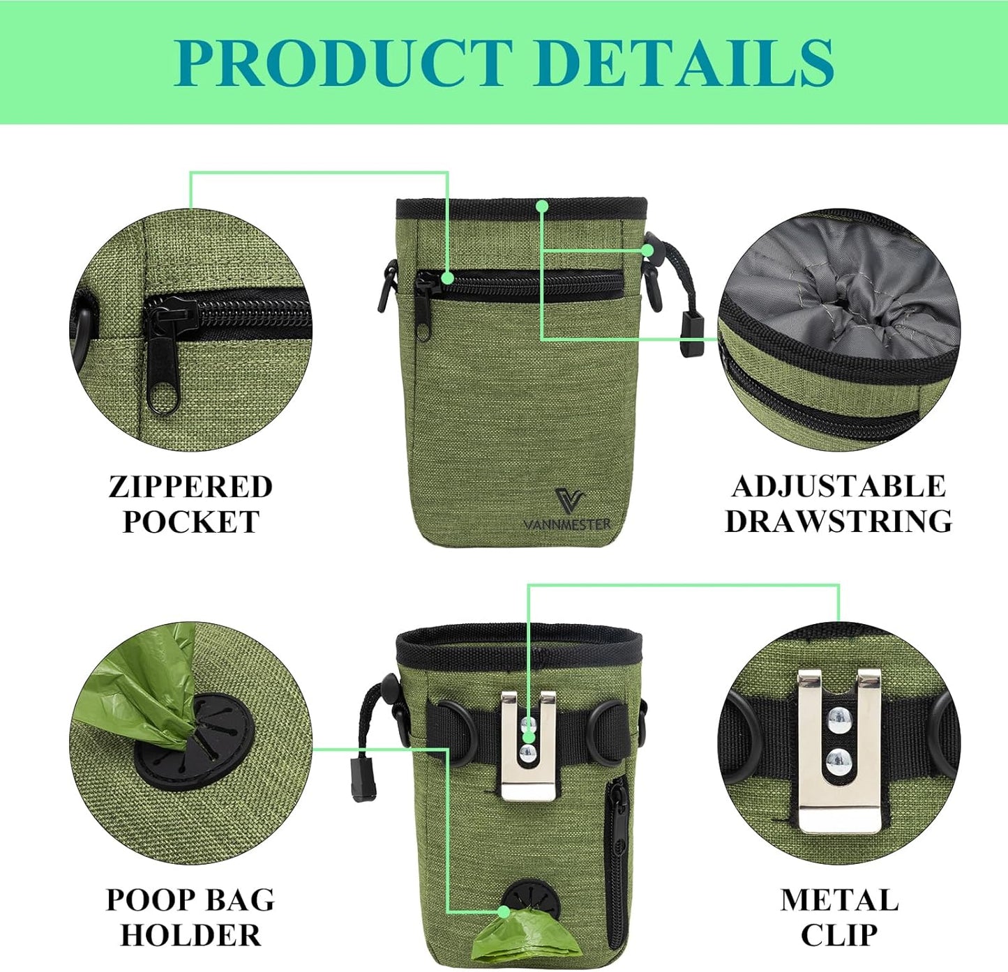 VANNMESTER Dog Training Treat Pouch,Hands-Free Dog Treat Bag,Puppy Treat Pouch,Dog Training Bag with Adjustable Belt, Metal Clip-Green