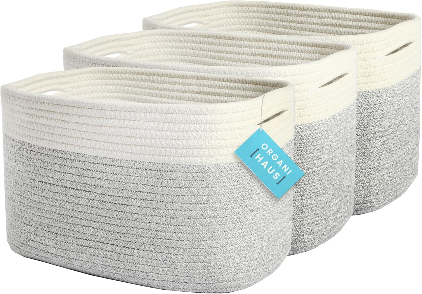 OrganiHaus Soft Woven Baskets for Storage Organization Set of 3, Cotton Rope Nursery Storage Baskets for Shelves, Square Book Bins, Bathroom Towel Hamper, Dog Toy Bins, Panier Rangement - Light Honey