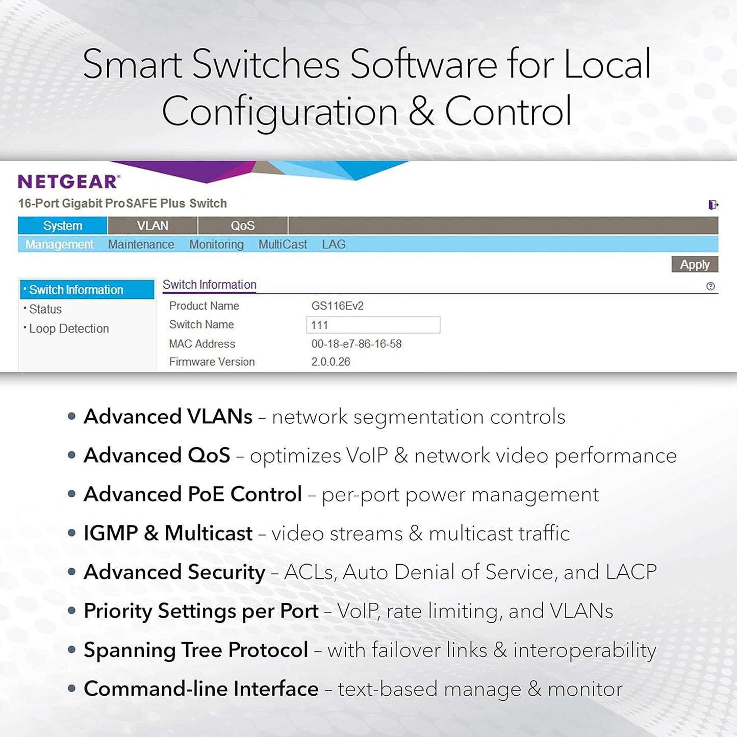 NETGEAR 26-Port PoE Gigabit Ethernet Smart Switch (GS724TP) - Managed, 24 x 1G, 24 x PoE+ @ 190W, 2 x 1G SFP, Optional Insight Cloud Management, Desktop or Rackmount, and Limited Lifetime Protection