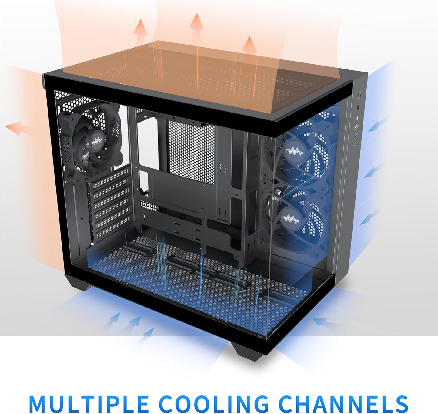 MUSETEX ATX PC Case, 360MM RAD Support, 3 x 120mm Fans Pre-Installed, 270° Full View Tempered Glass Gaming PC Case with Type-C, Mid Tower ATX Computer Case, Black, Y6