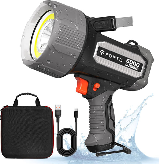 FORTO Rechargeable Spotlight 5000LM, IPX7 Waterproof Flashlight with 5200mAh Long-Lasting Battery, 7 Modes Handheld Light with EVA Case, for Boat, Hunting, Emergency, Outdoor Use