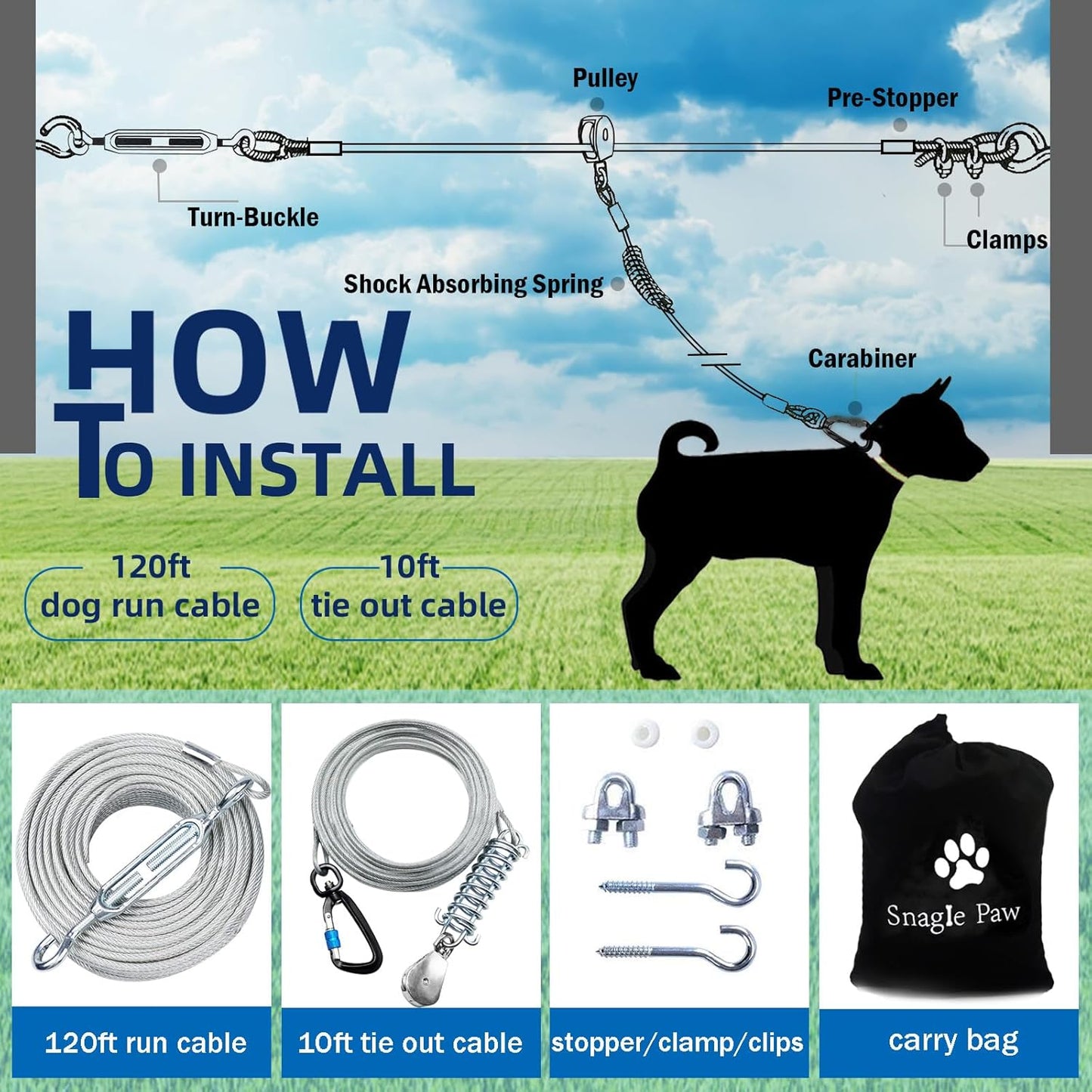 Snagle Paw Dog Tie Out Runner for Yard,Trolley System for Large Dogs,Heavy Duty Dog Run Cable with 10ft Pulley Runner Line for Dogs Up to 125lbs,Yard or Camping,75ft
