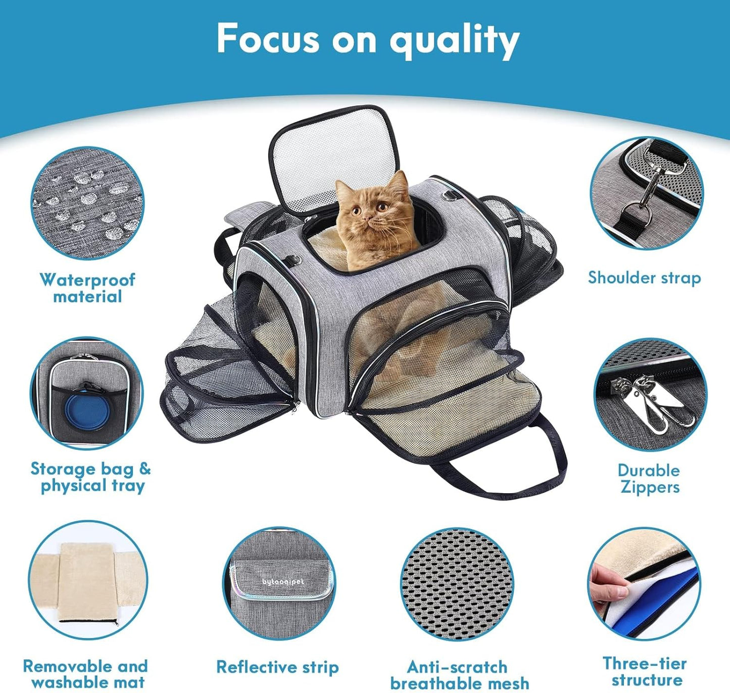 Cat Travel Bag 4 Sides Expandable Pet Carrier Airline Approved Folding Soft Sided Transport Tote Bag for cat