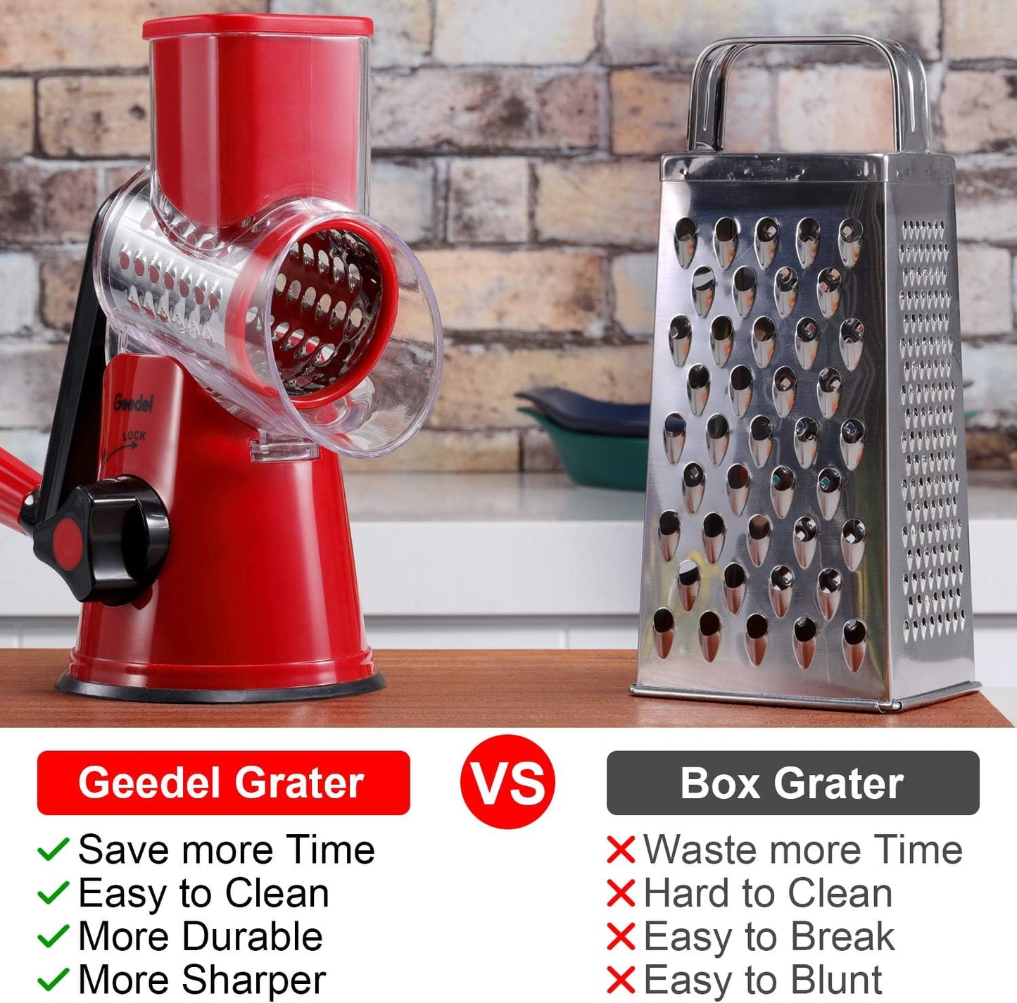 Geedel Kitchen Cheese Grater, Rotary Mandoline Vegetable Slicer with Interchangeable Blades, Easy to Use Rotary Grater Slicer for Fruit, Vegetables, Nuts