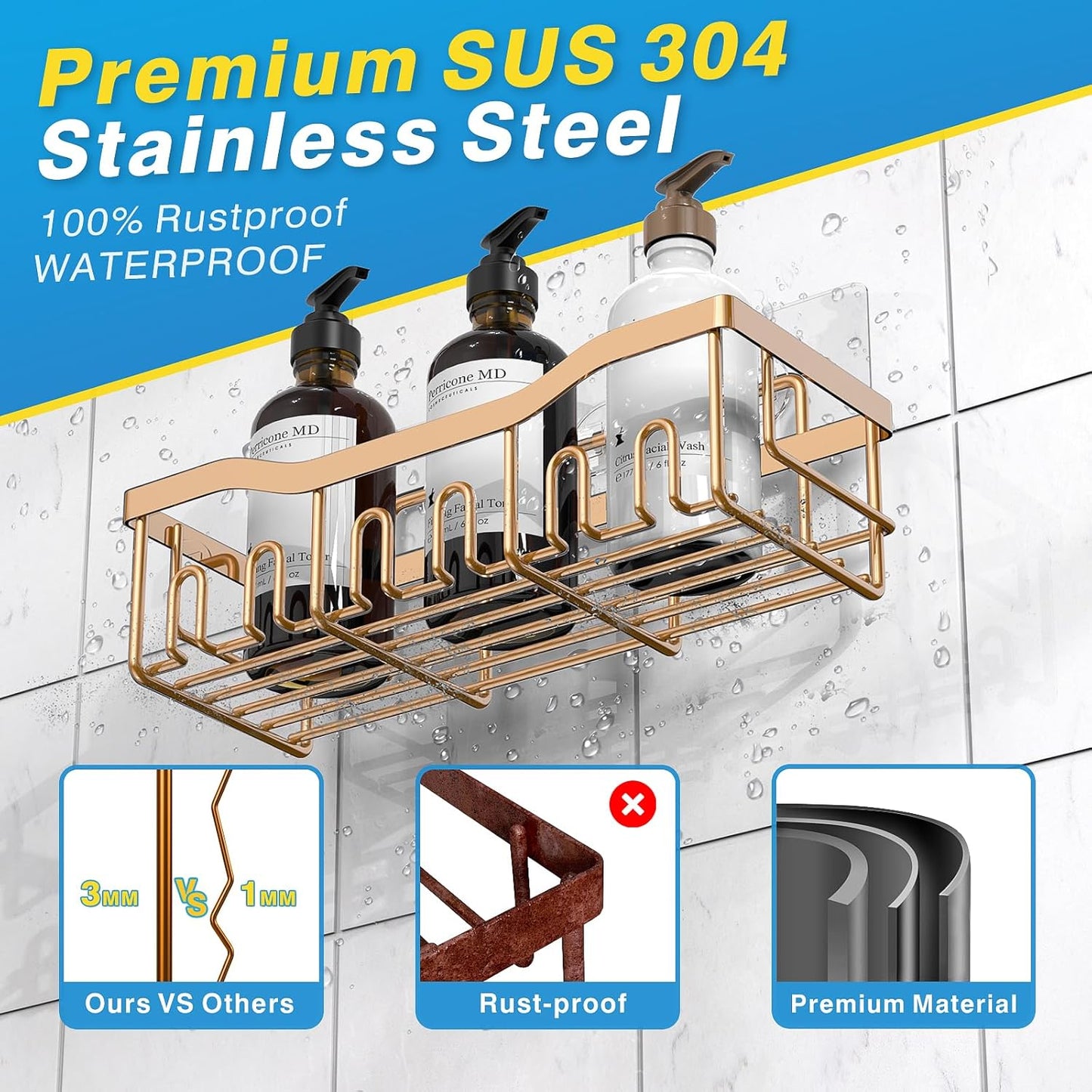 EUDELE 5-Pack Rustproof Stainless Steel Shower Caddy – No Drill Adhesive Bathroom Organizer with Large Capacity, Spacious Shower Shelves for Inside Shower, Kitchen & Home Decor Storage - PuriLite