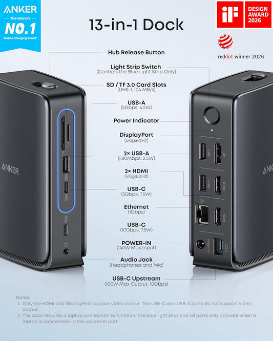 Anker Nano Laptop Docking Station, 13-in-1 USB-C Triple Display | 2 HDMI and 1 DP, 10 Gbps USB-C, 3 USB-A, Audio, SD/TF, Ethernet, 100W Max PD for Dell, Lenovo, HP, and More