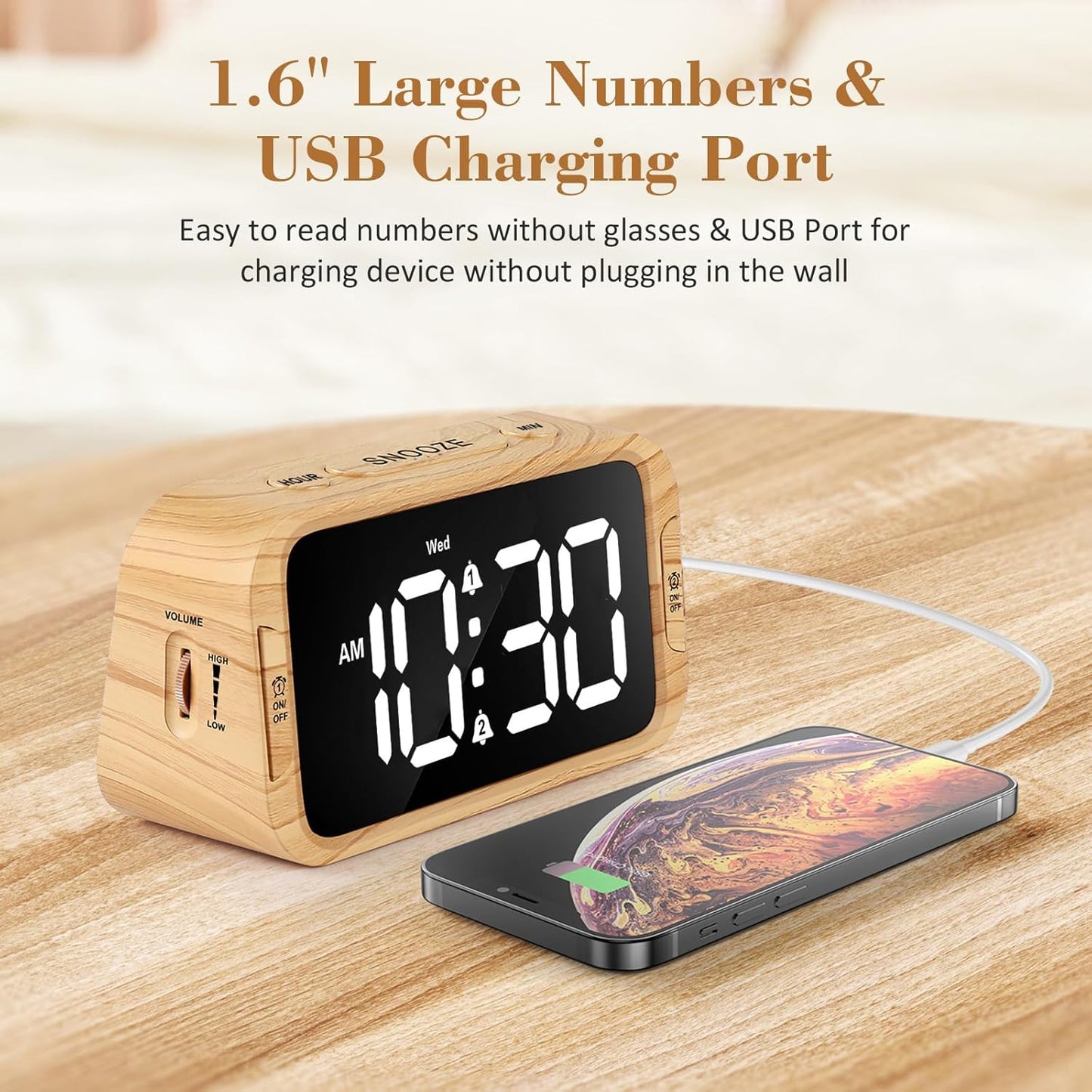 Odokee Digital Dual Alarm Clock for Bedroom, Easy to Set, 0-100% Dimmer, USB Charger, 5 Sounds Adjustable Volume, Weekday/Weekend Mode, Snooze, 12/24Hr, Battery Backup, Compact Clock for Bedside(Blue)
