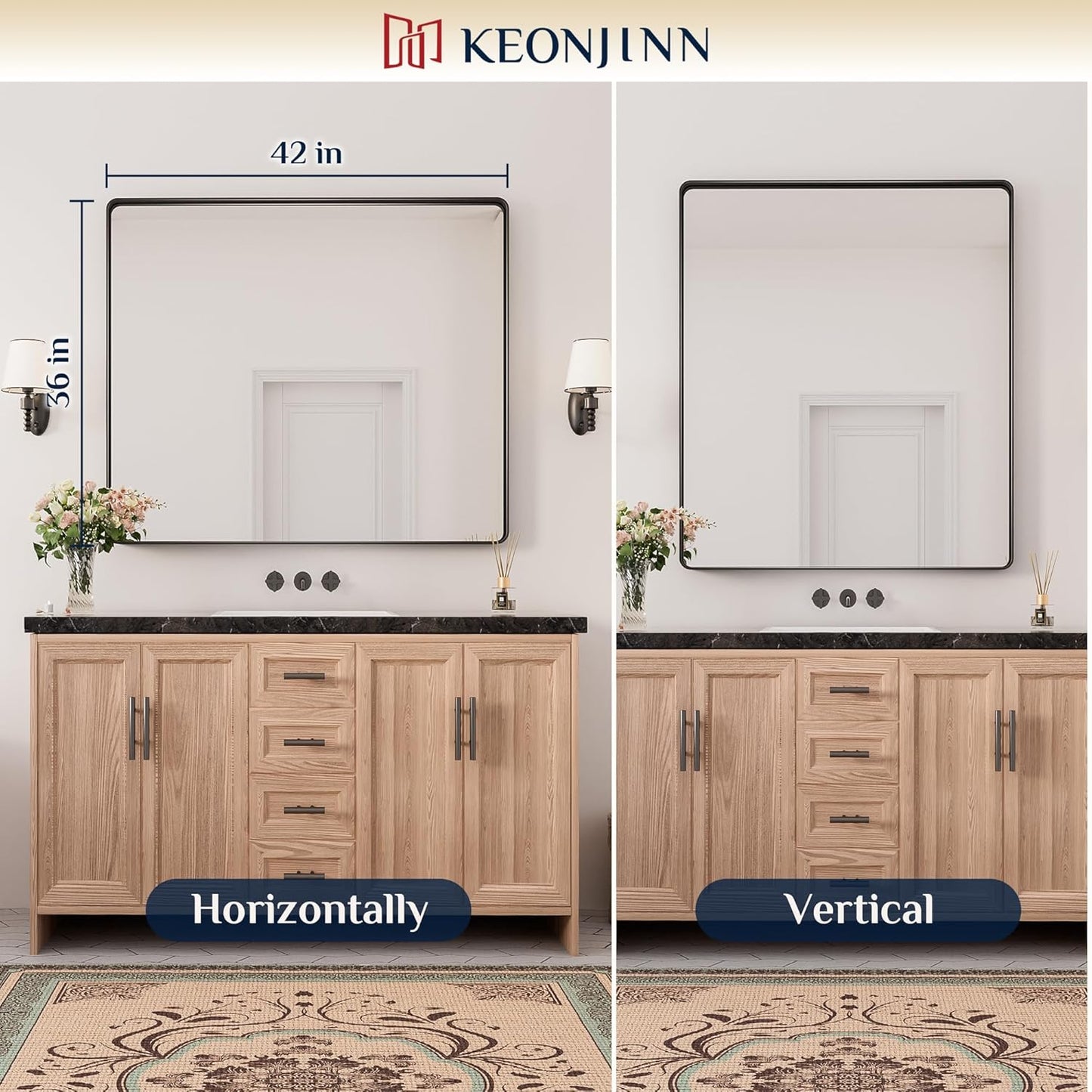 Keonjinn 42 x 36 Brushed Nickel Bathroom Vanity Mirror, Large Rounded Rectangle Bathroom Mirrors for over Sink, Metal Framed Silver Mirror for Wall, Shatterproof HD Tempered Glass(Horizontal/Vertical)