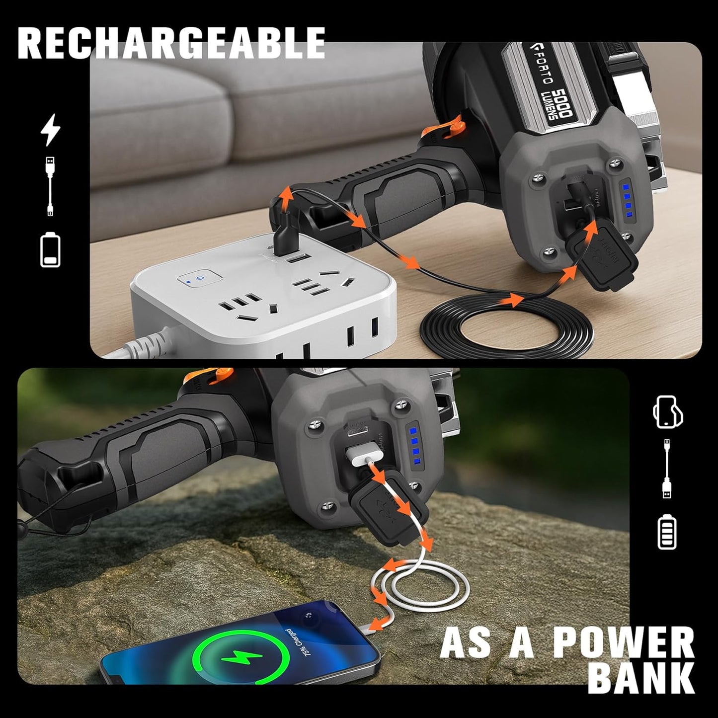 FORTO Rechargeable Spotlight 5000LM, IPX7 Waterproof Flashlight with 5200mAh Long-Lasting Battery, 7 Modes Handheld Light with EVA Case, for Boat, Hunting, Emergency, Outdoor Use
