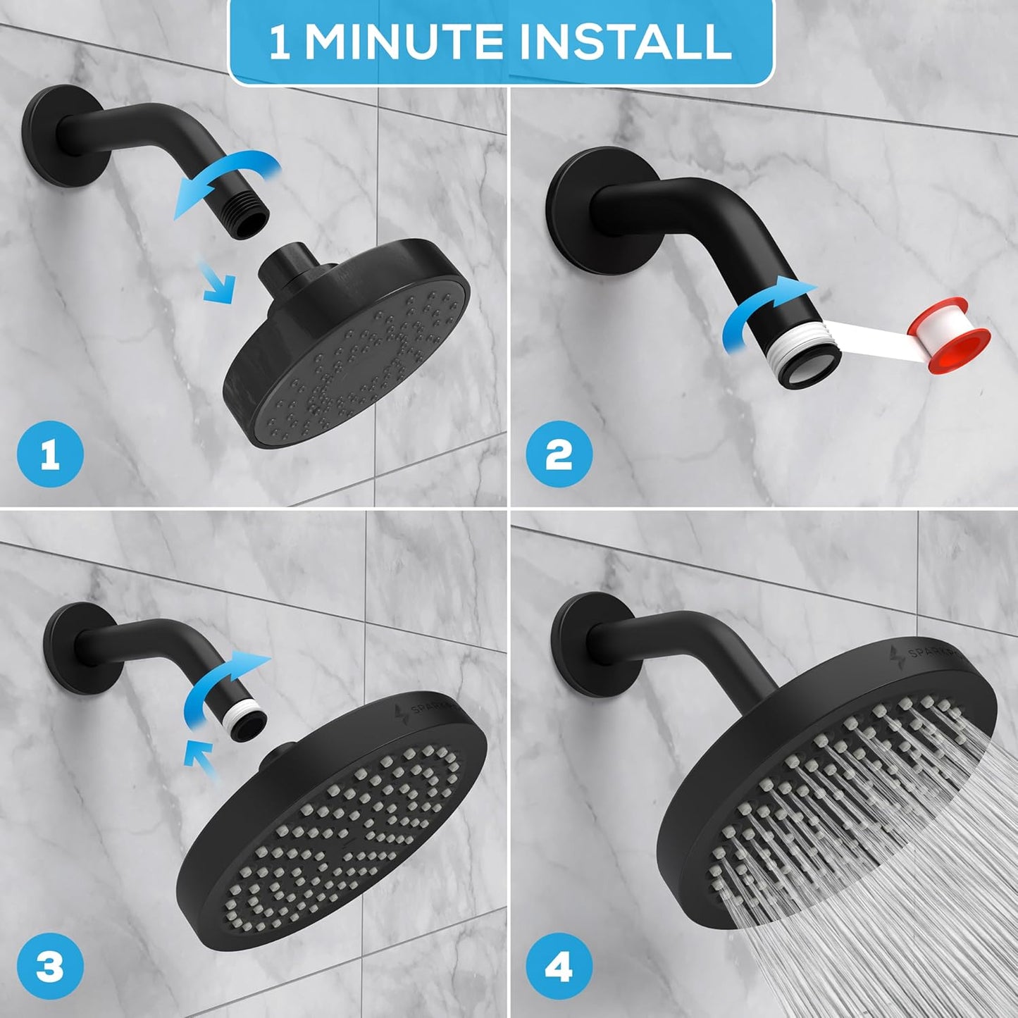 SparkPod Shower Head - High Pressure Rain - Premium Quality Luxury Design - 1-Min Install - Easy Clean Adjustable Replacement for Your Bathroom Shower Heads (Luxury Polished Chrome, 6 Inch Round)