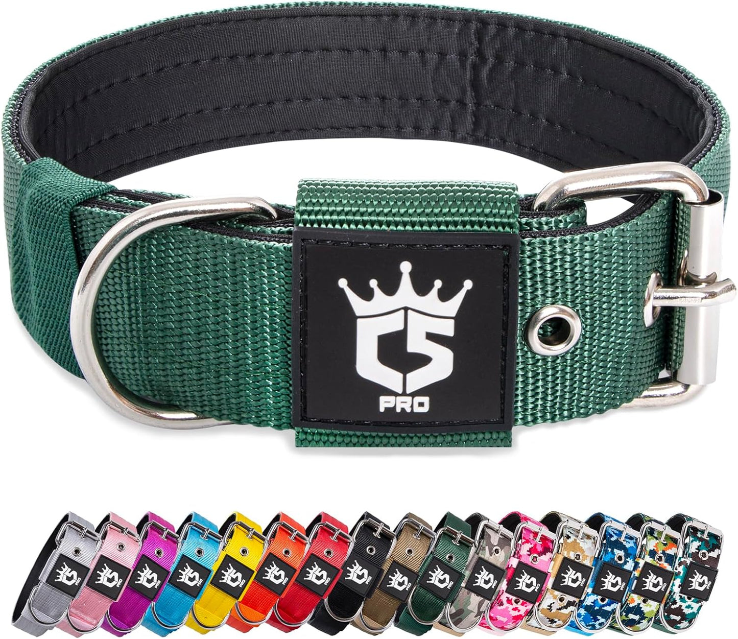 TSPRO Tactical Dog Collar 1.5 inch Wide Dog Collar Military Grade Strong Dog Collar Thick Dog Collar Heavy Duty Metal Buckle Dog Collar(Green-L)