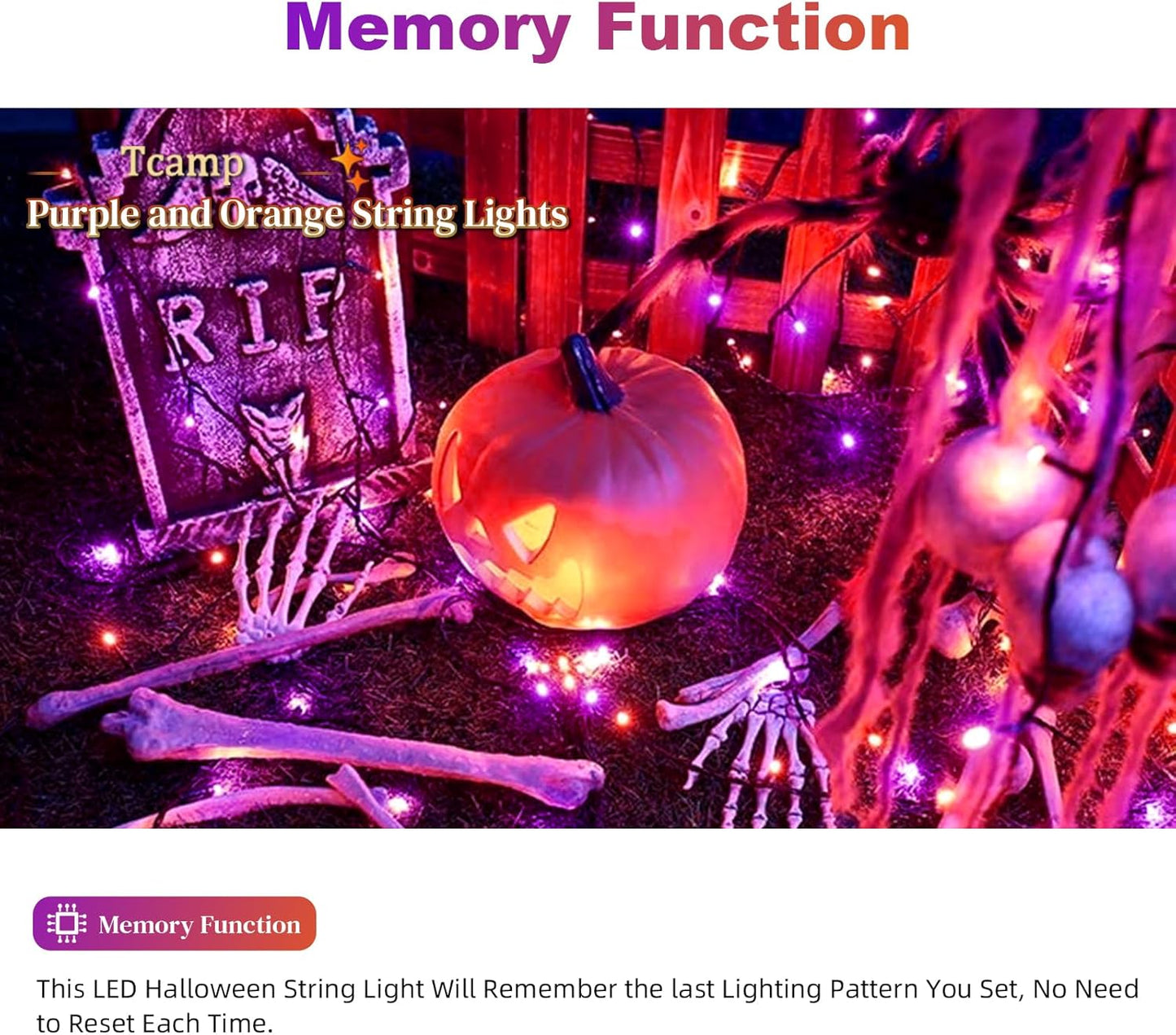 Tcamp 105FT 300 LED Purple Orange Halloween Decorations Lights Motion Activated Sync with 4 Scary Music, 6 Modes Halloween String Lights for Party Yard Outdoor Indoor Decor (3 Sets Connectable)