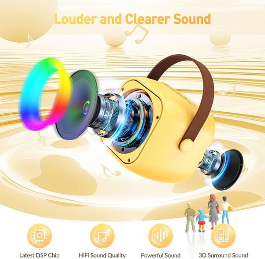 Mini Karaoke Machine for Kids Adults:Portable Bluetooth Karaoke Speaker with 2 Wireless Microphones and Lights for Home Party, Christmas Birthday Gifts for 4-12+ Years Old Girls Boys(Yellow) - PuriLite