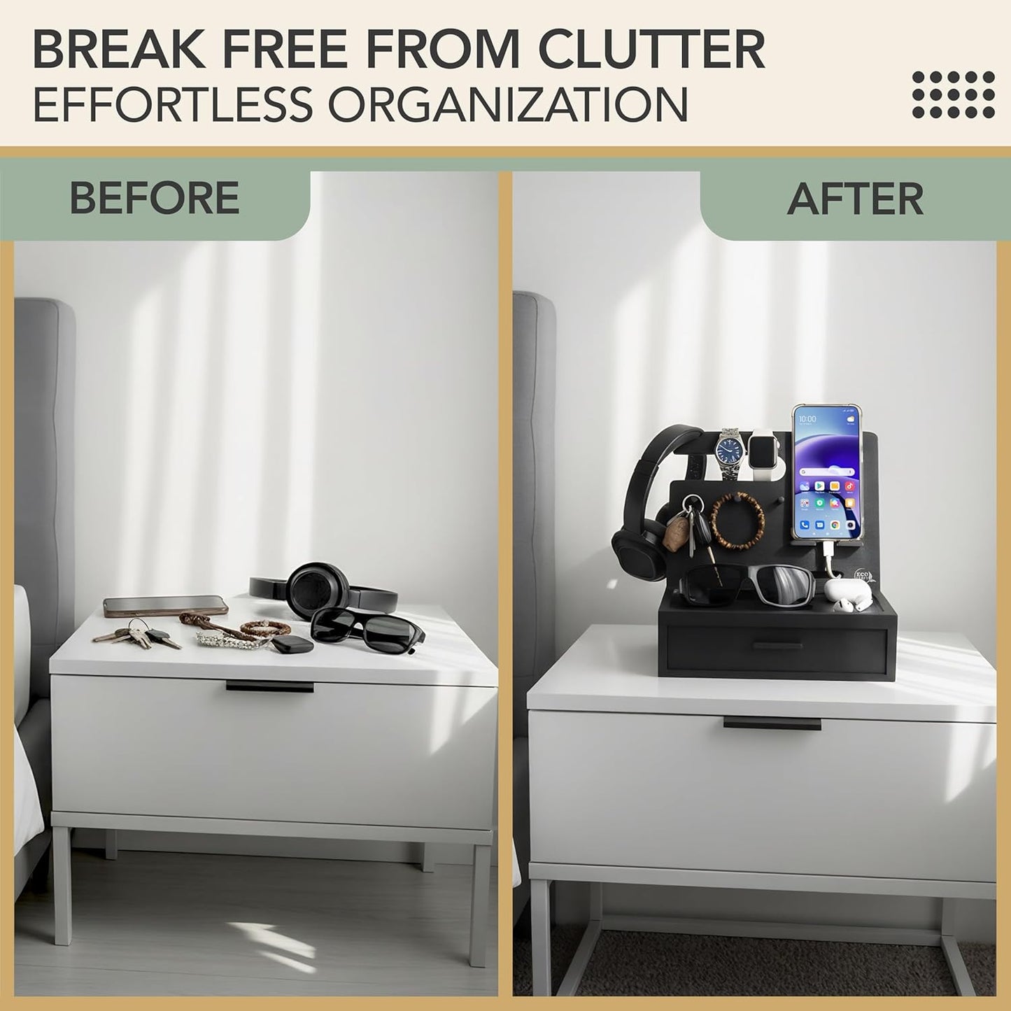 EcoLeafy Dot Nightstand Organizer with Drawer – Wooden Bedside Table Organizer for Phone, Watch, Sunglasses & Everyday Accessories - PuriLite