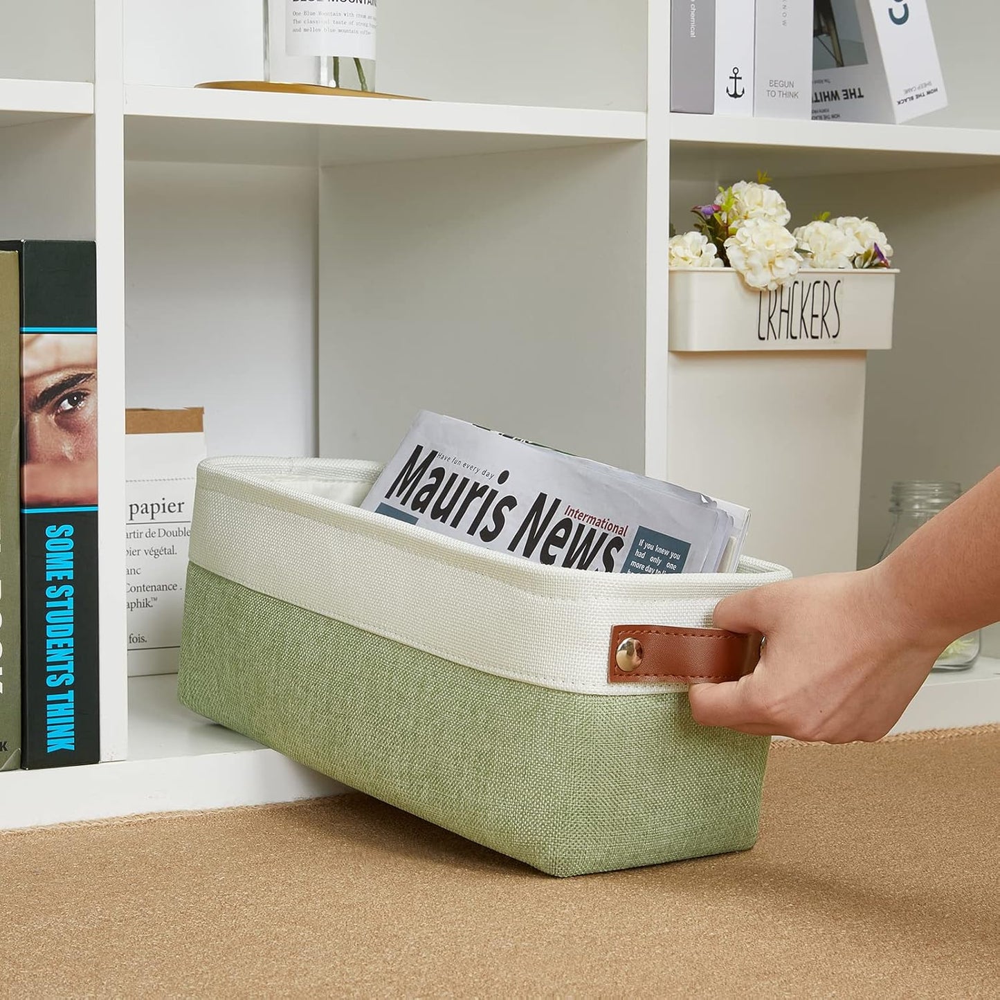 DULLEMELO Storage Baskets for Shelves, Fabric Collapsible Rectangular Storage Bins for Shelves, Closets, Nursery, Home, Office, Empty Gift Baskets (White&Teal)