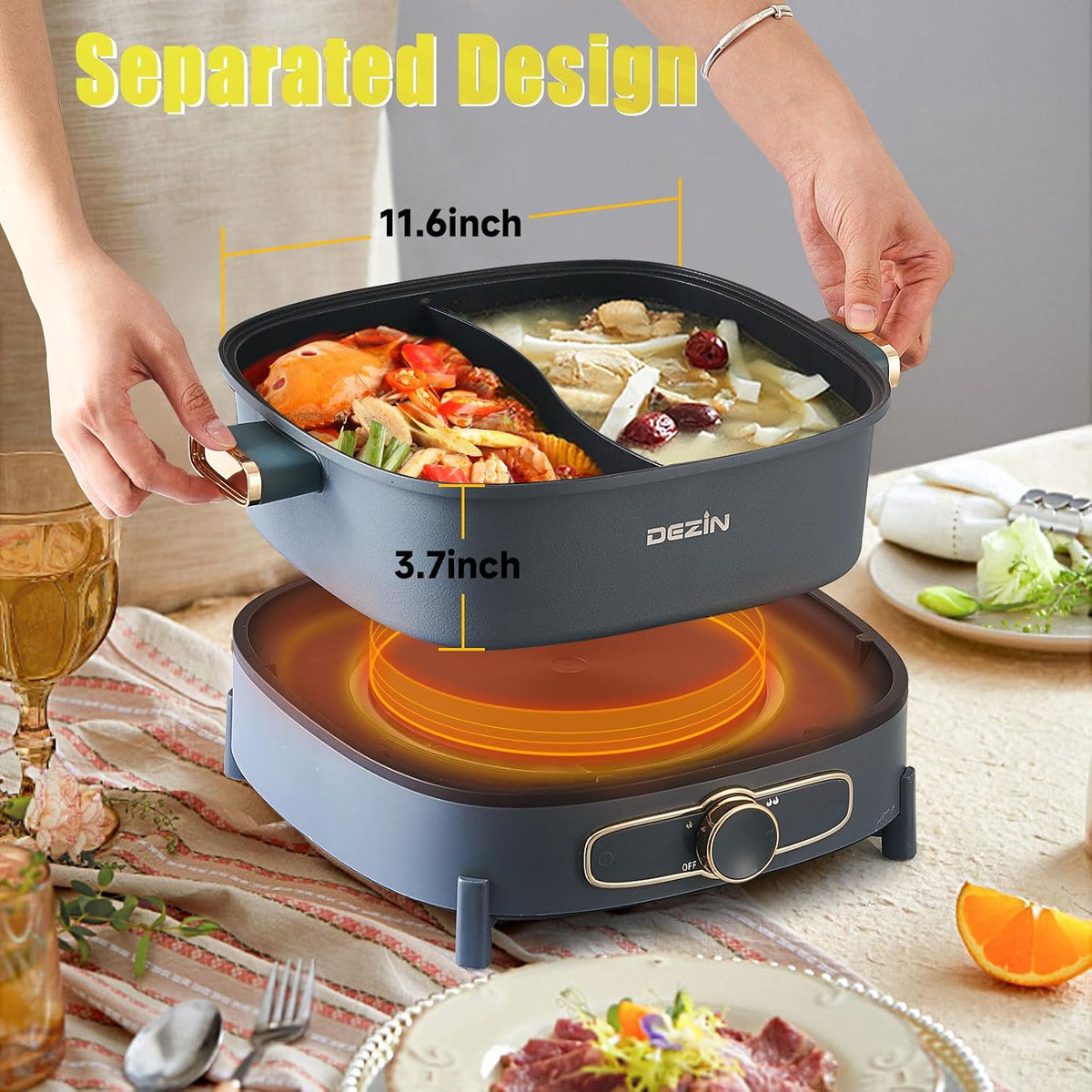 Dezin Hot Pot Electric with Divider, 5.5L Double-Flavor Electric Shabu Shabu Pot, Removable Non-Stick Dual Sided Electric Cooker, 3" Depth Divided Pot with Multi-Power Control, 2 Silicone Ladles