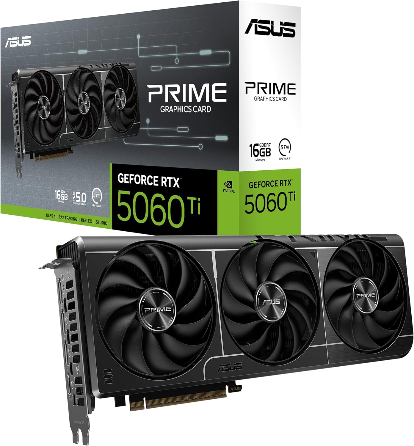 The SFF-Ready ASUS Prime GeForce RTX™ 5060 Ti 16GB GDDR7 OC Edition Graphics Card (PCIe® 5.0, 16GB GDDR7, HDMI®/DP 2.1, 2.5-Slot, Axial-tech Fans, Dual BIOS)