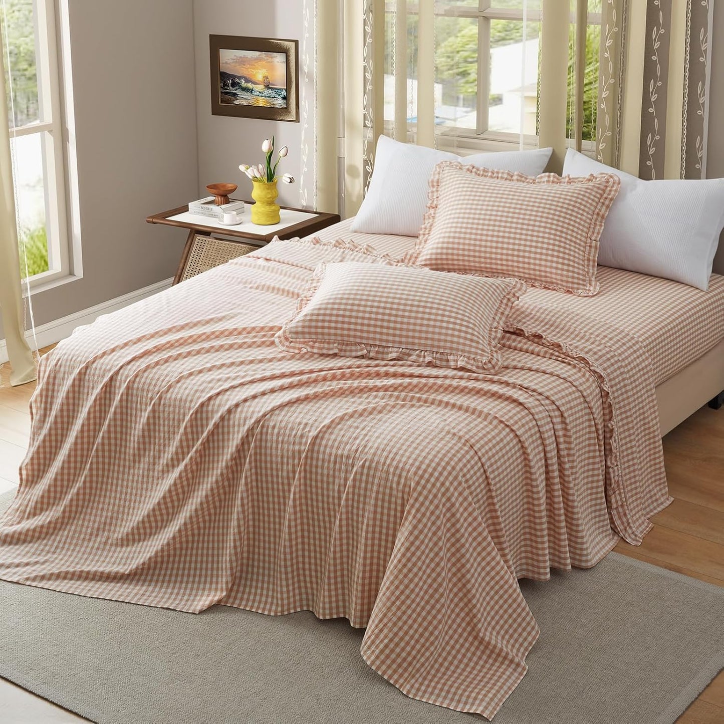 KKJIAF 3 Pieces Plaid Ruffle Twin Bed Sheets, Gingham Twin Sheet Set Comfy Breathable Ruffed Bed Sheet Set with 16 Inch Deep Pocket, Dusty Blue