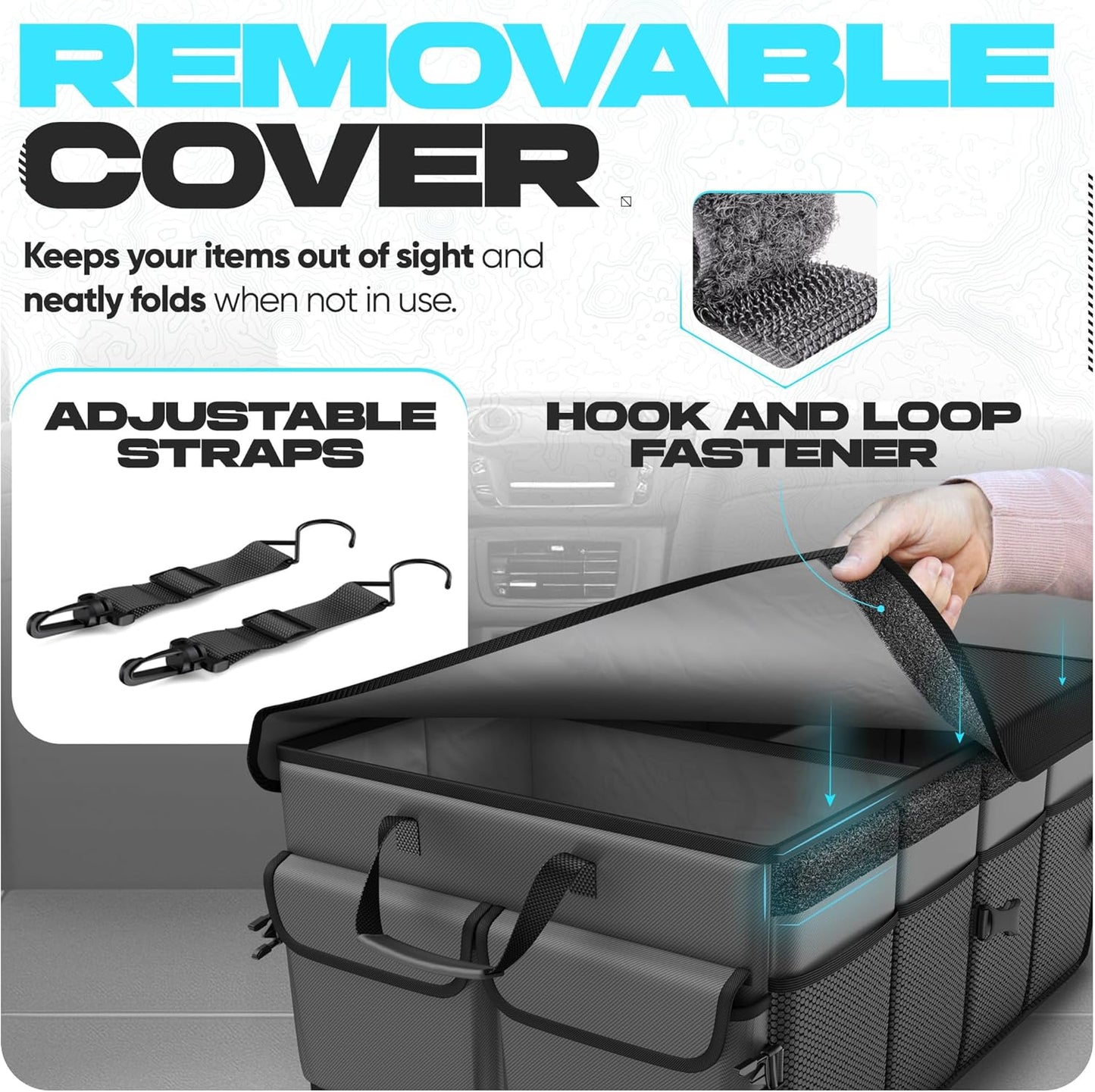 FORTEM Car Trunk Organizer, Collapsible Multi Compartment Car Organizer, Foldable SUV Storage for Car Accessories for Women Men, Non Slip Bottom, Securing Straps, Soft Cover 50L (Black, Standard)