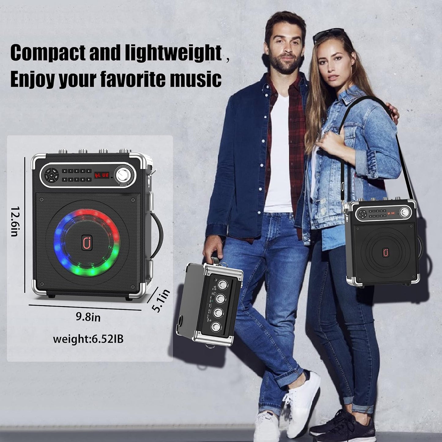 JYX Karaoke Machine with Two Wireless Microphones, Portable Bluetooth Speaker with Bass/Treble Adjustment, Remote Control and LED Lights, Supports TF Card/USB, AUX in, FM, REC for Party