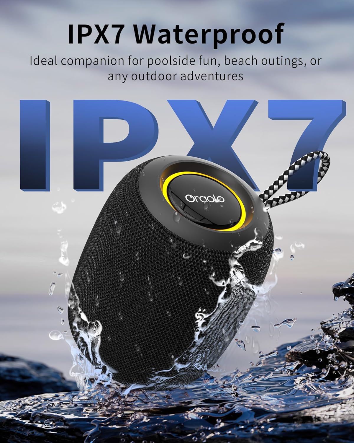 Oraolo Bluetooth Speaker, IPX7 Waterproof Portable Bluetooth Speaker with 16W Immersive Audio, 30H Playtime, LED Light, Bluetooth 5.3, Support TWS, Wireless Speakers for Outdoor Camping Home