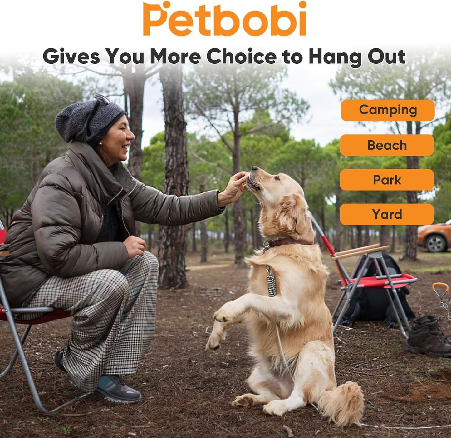 Petbobi Dog Tie-Out Cable and Stake - 30ft Heavy Duty Cable with Spring, No Tangle, 16in Ground Stake, Ideal for Yard, Camping and Beach, Suitable for Small Medium Large Dogs Up to 120 lbs, Blue